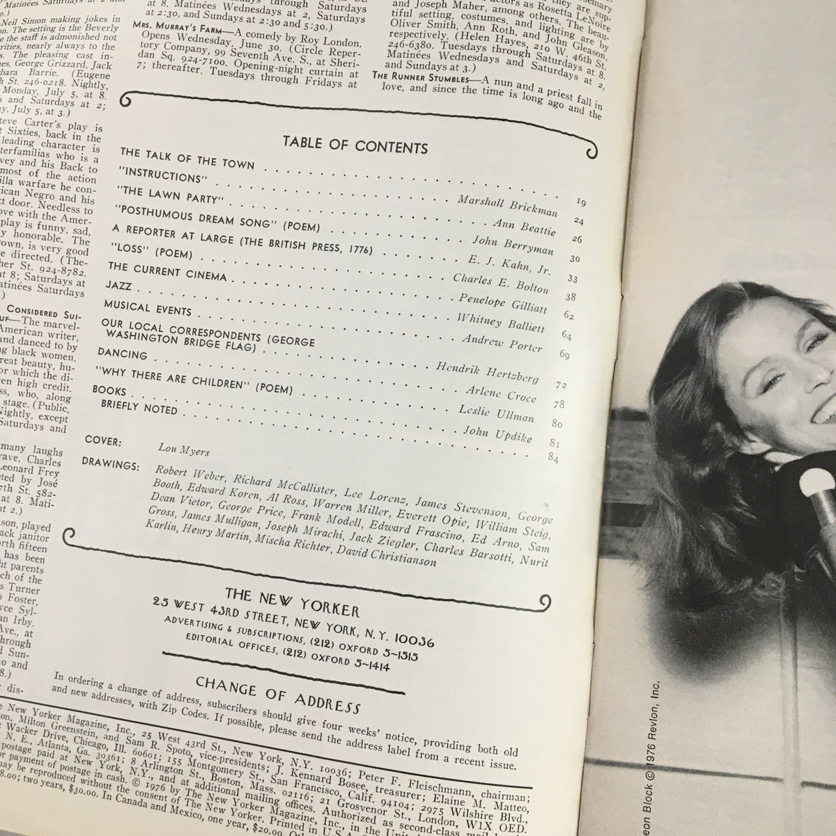 Table of contents page from The New Yorker Magazine July 5 1976, showcasing articles and contributions by various writers, including a cover by artist Lou Myers.