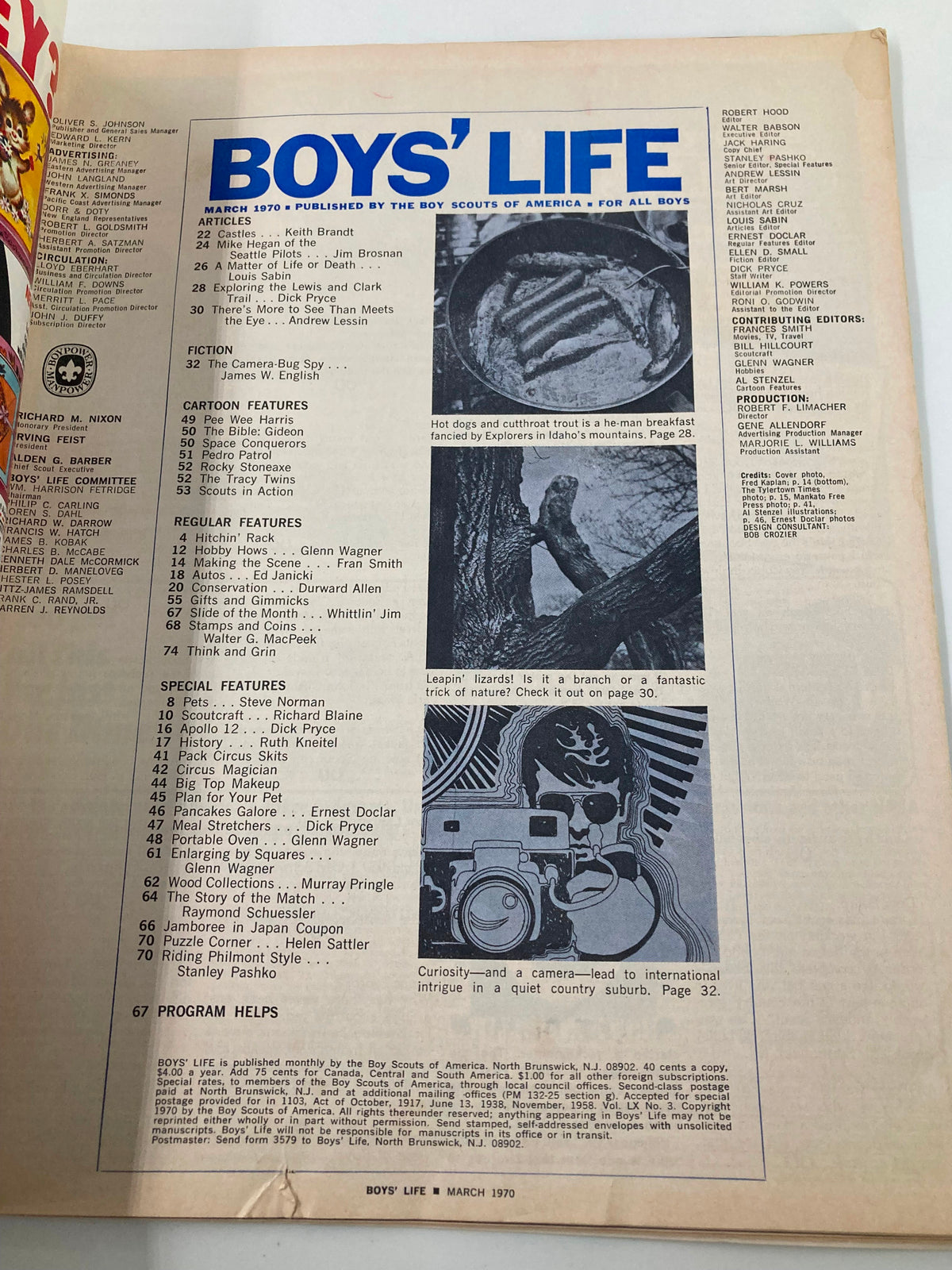 Inside page of VTG Boys' Life Magazine March 1970, displaying the table of contents and an editorial layout with features on curiosity and photography.