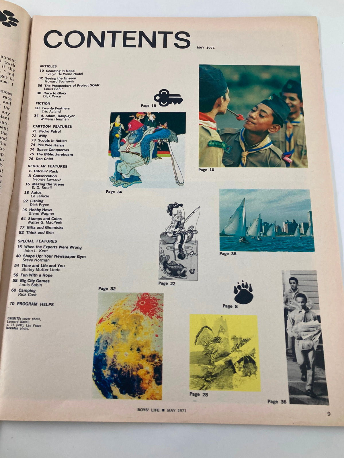 Contents page of VTG Boys' Life Magazine May 1971 showcasing articles, comics, and features related to scouting.