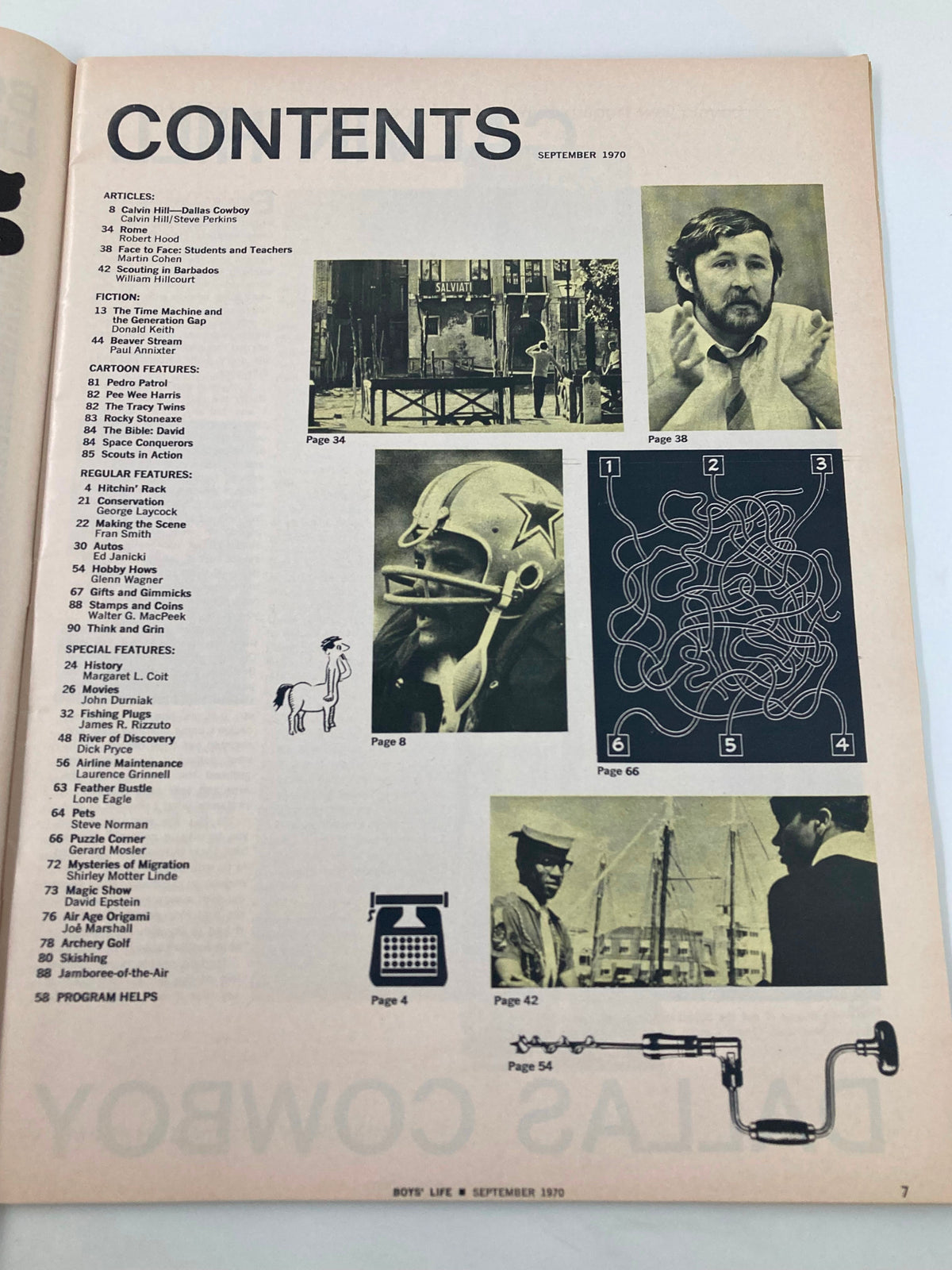 Inside page of the VTG Boys' Life Magazine from September 1970 showcasing the table of contents, featuring articles and features dedicated to various topics including Calvin Hill and Dallas Cowboys.