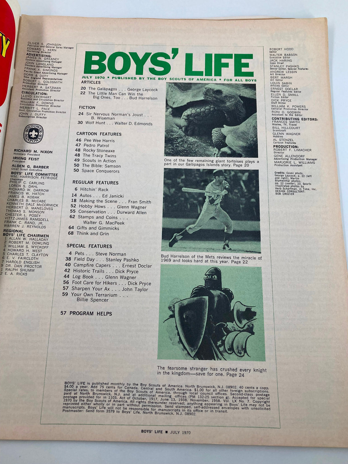 Inside page of Boys' Life Magazine July 1970 displaying the contents and articles, including features related to 'The Great Blue Heron of the Galapagos'.