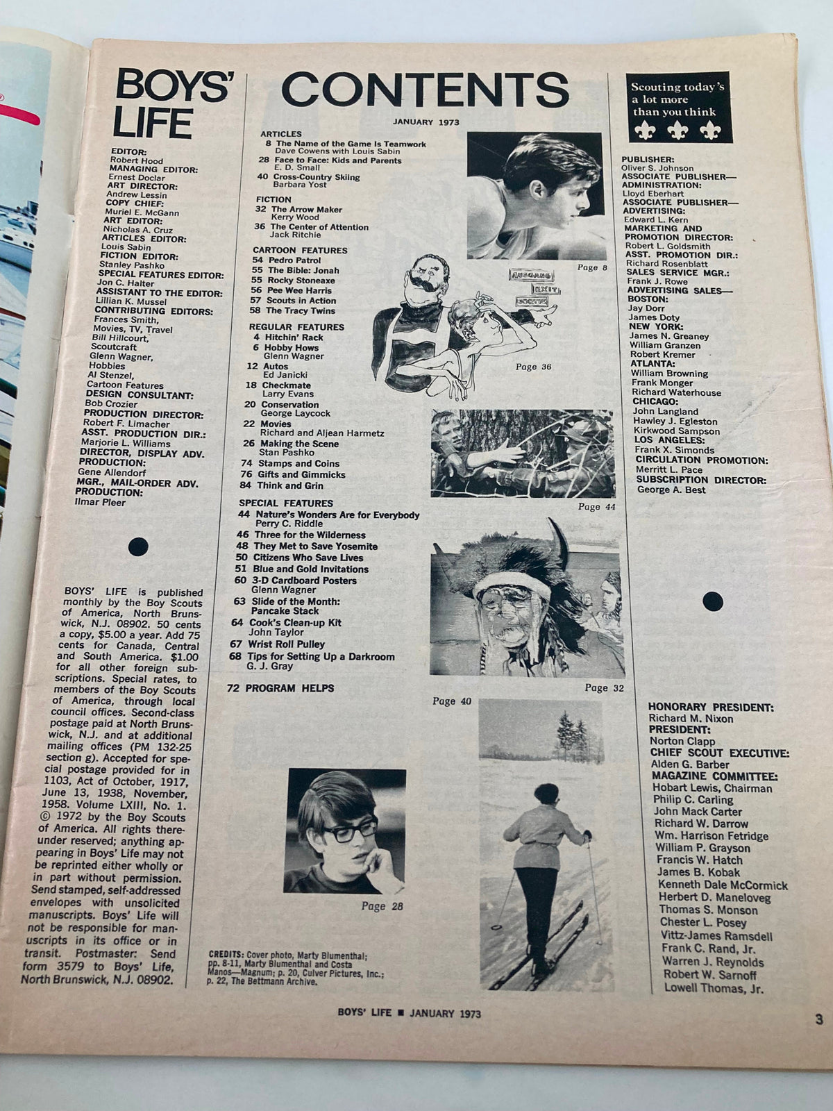 Table of contents from VTG Boys' Life Magazine January 1973, featuring articles on teamwork with Dave Cowens and Louis Sabin, along with various other features and illustrations.