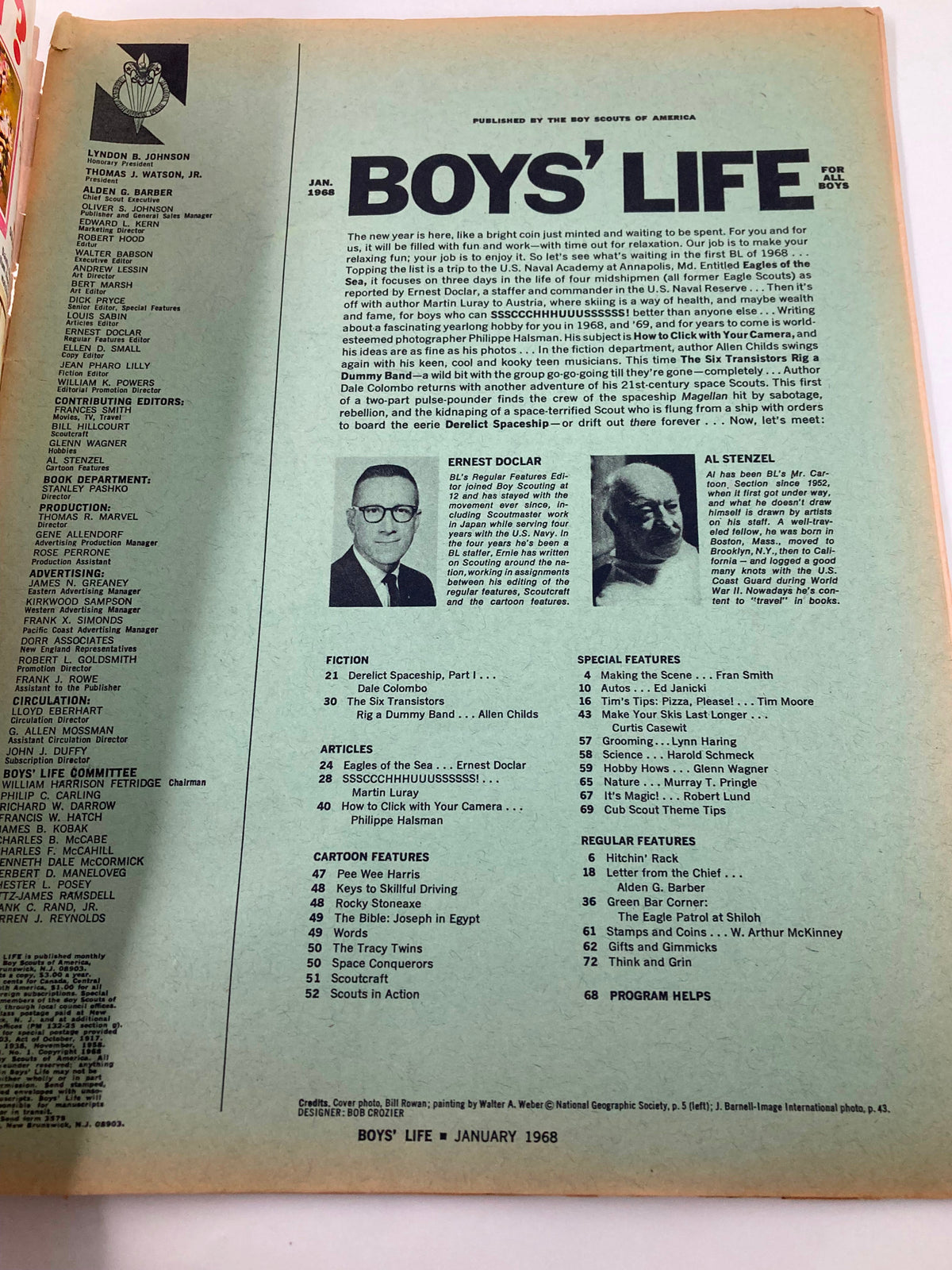 Boys' Life Magazine January 1968 back cover featuring contents and articles list. This vintage magazine includes features such as Derelict Spaceship and The Six Transistors, highlighting 1960s technology and stories for young readers.