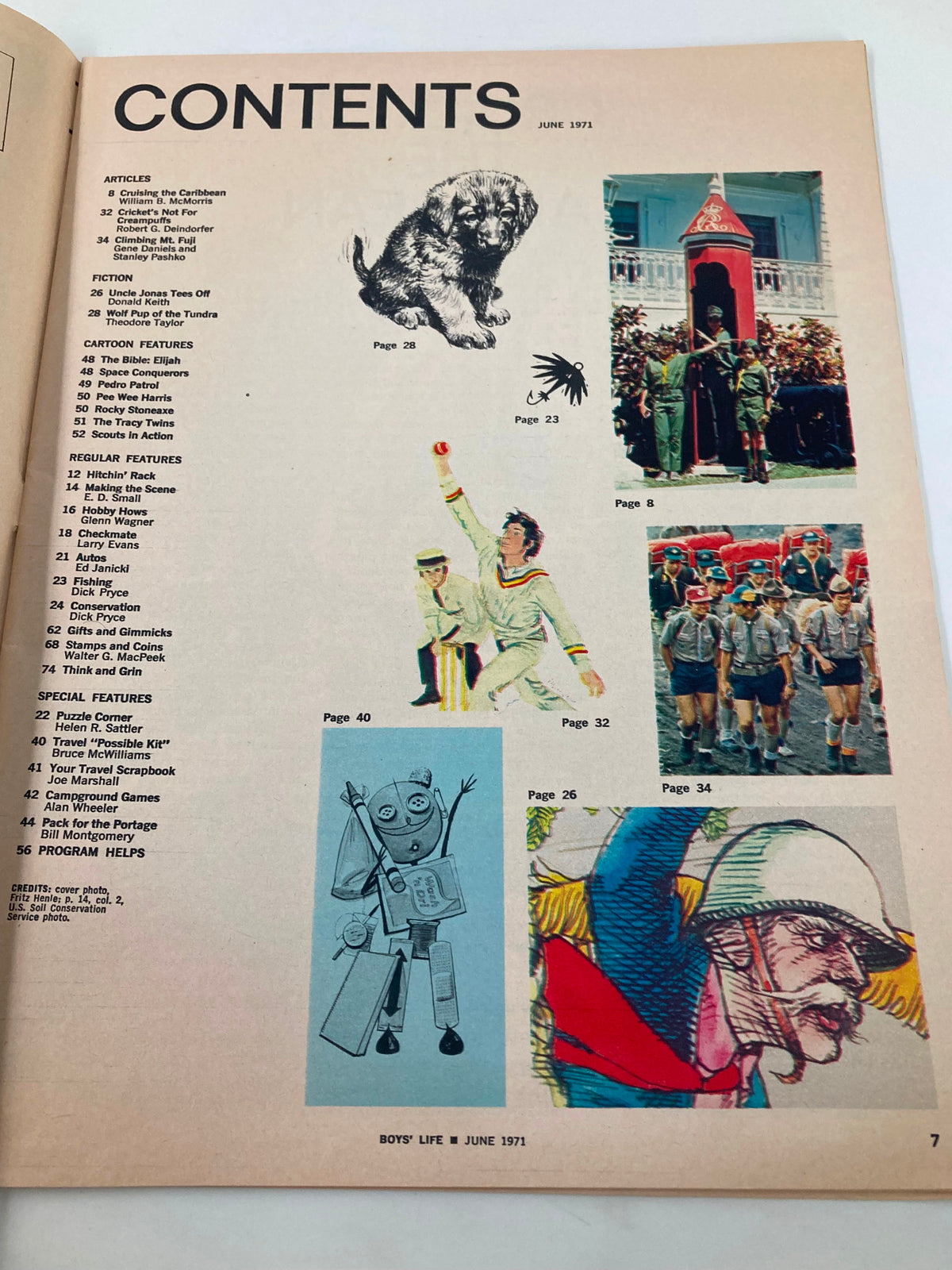 Contents page of VTG Boys' Life Magazine June 1971, listing articles and features including 'Cruising in the Caribbean' and 'The Bible Elijah'.