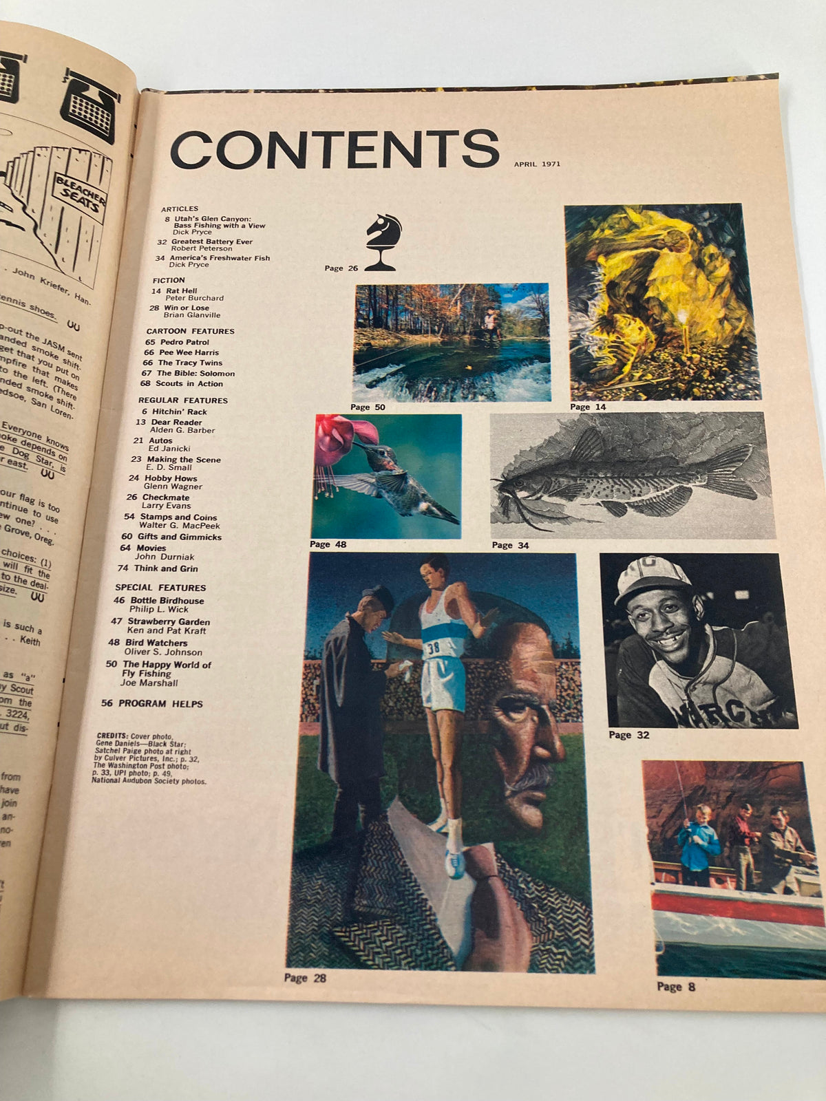 Contents page of VTG Boys' Life Magazine April 1971, listing articles and features including bass fishing, nature, and youth activities.