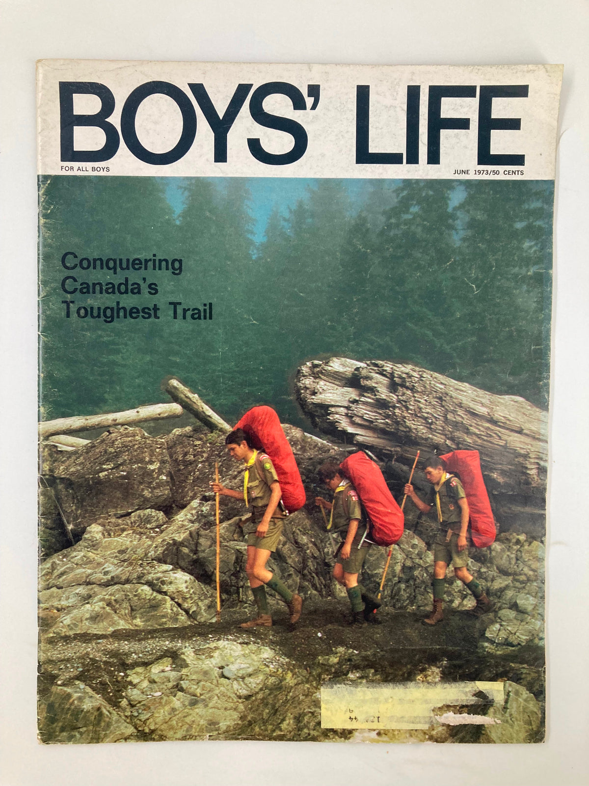 Front cover of VTG Boys' Life Magazine June 1973 featuring the headline 'Conquering Canada's Toughest Trail' with three boys hiking in the wilderness.
