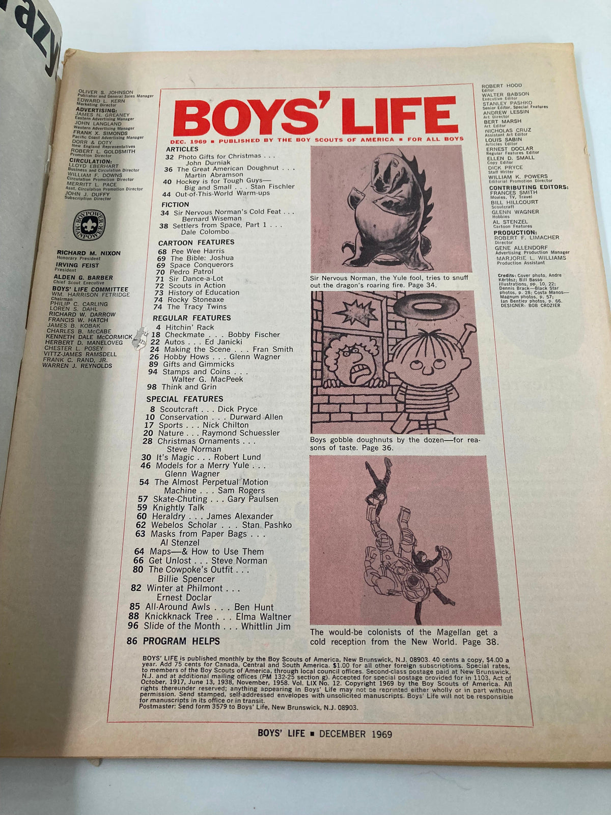 Interior page from VTG Boys' Life Magazine December 1969 showcasing article titles and features including 'Hockey is for Tough Guys Big and Small', reflecting the spirit of 1960s youth culture.