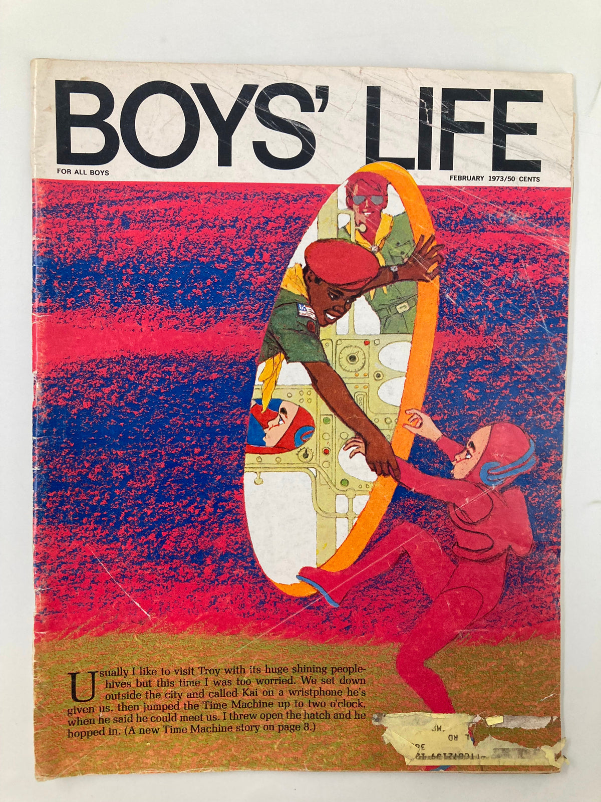 Cover of VTG Boys' Life Magazine February 1973 featuring a vibrant illustration of boys in space gear engaged in an adventure, capturing the essence of childhood nostalgia and exploration.