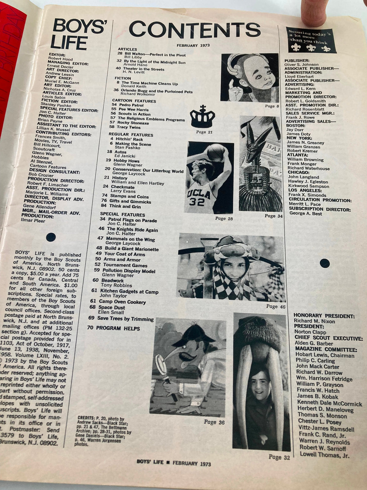 Contents page of VTG Boys' Life Magazine February 1973, displaying various featured articles and illustrations related to the magazine's adventurous theme.