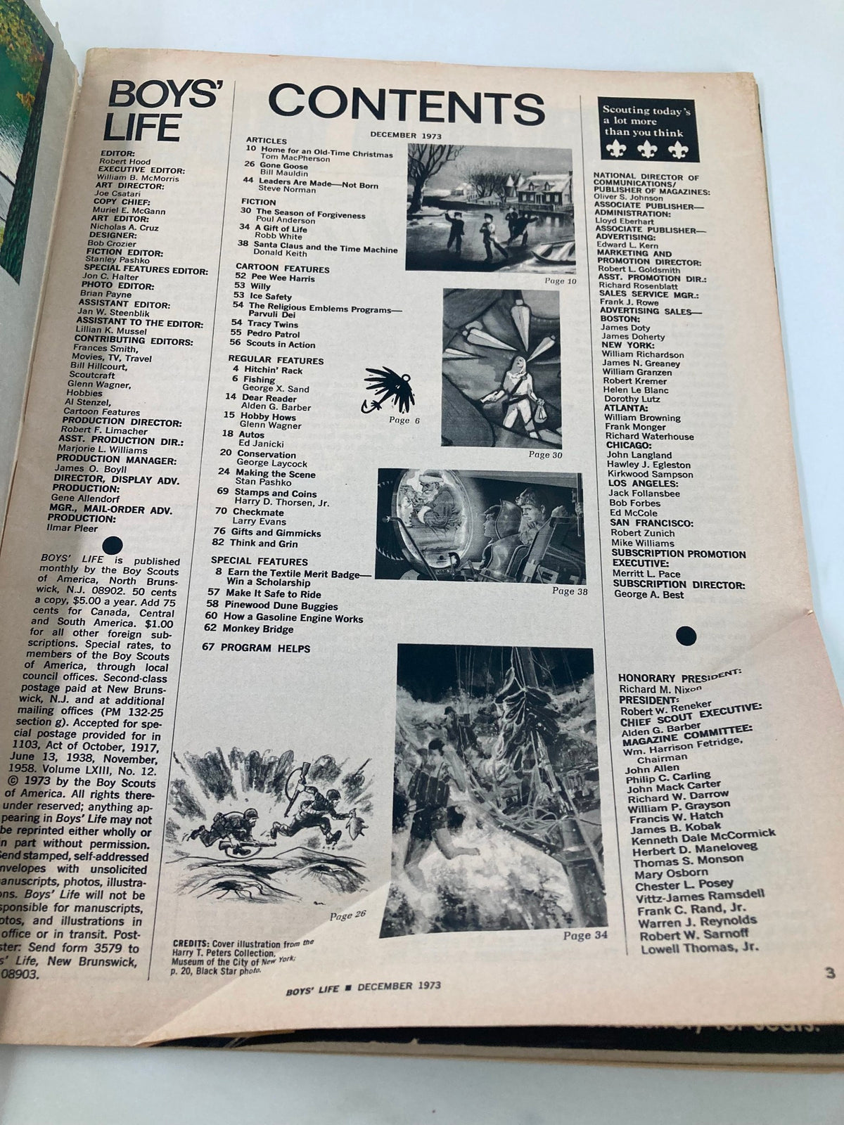Contents page of Boys' Life Magazine, December 1973, listing articles and features, associated with the theme 'Home For An Old-Time Christmas'.