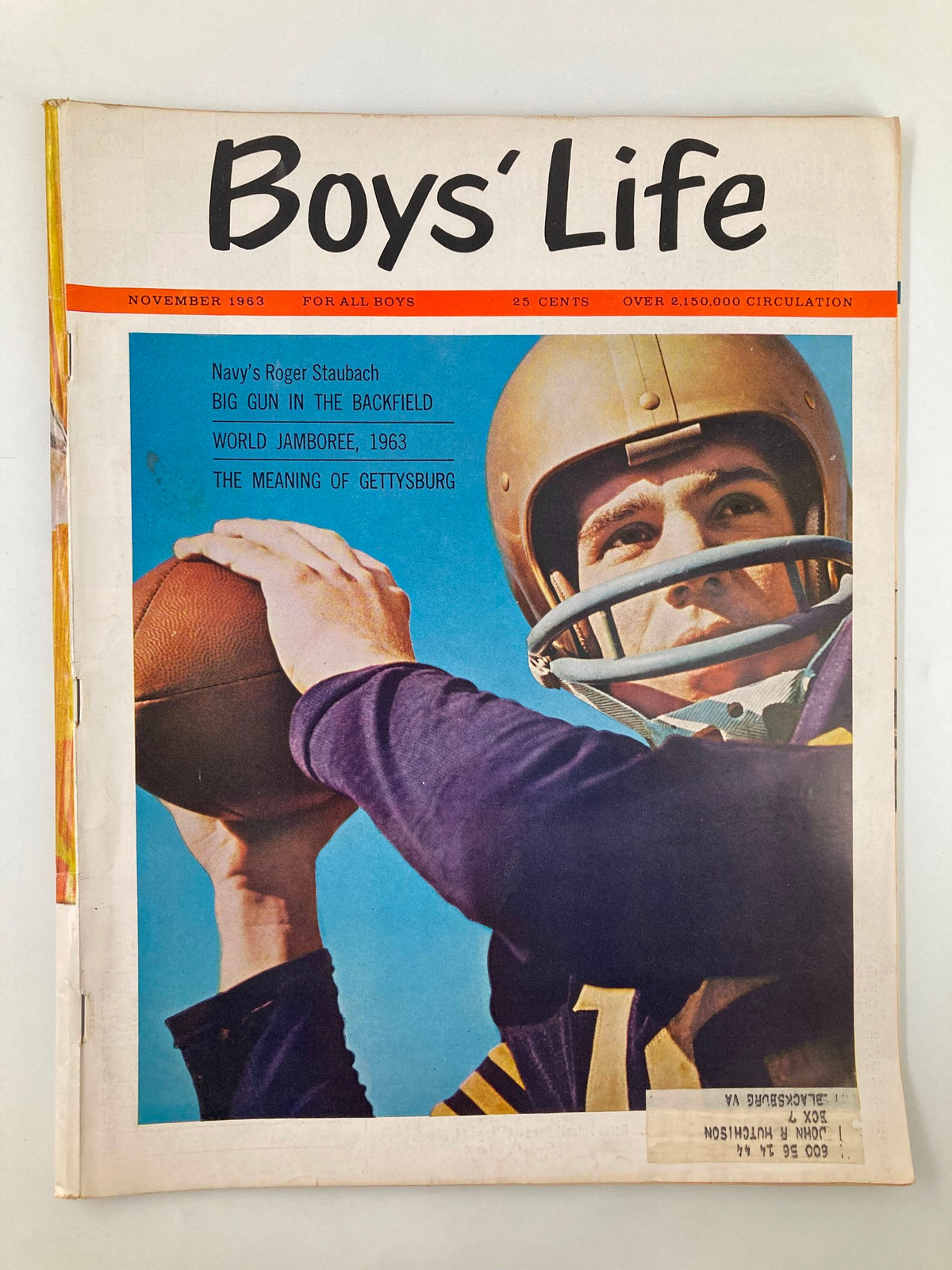 Vintage Boys' Life Magazine cover from November 1963 featuring Navy's Roger Staubach, captioned 'Big Gun in Backfield'. This collectible magazine showcases early sports history and is ideal for enthusiasts.