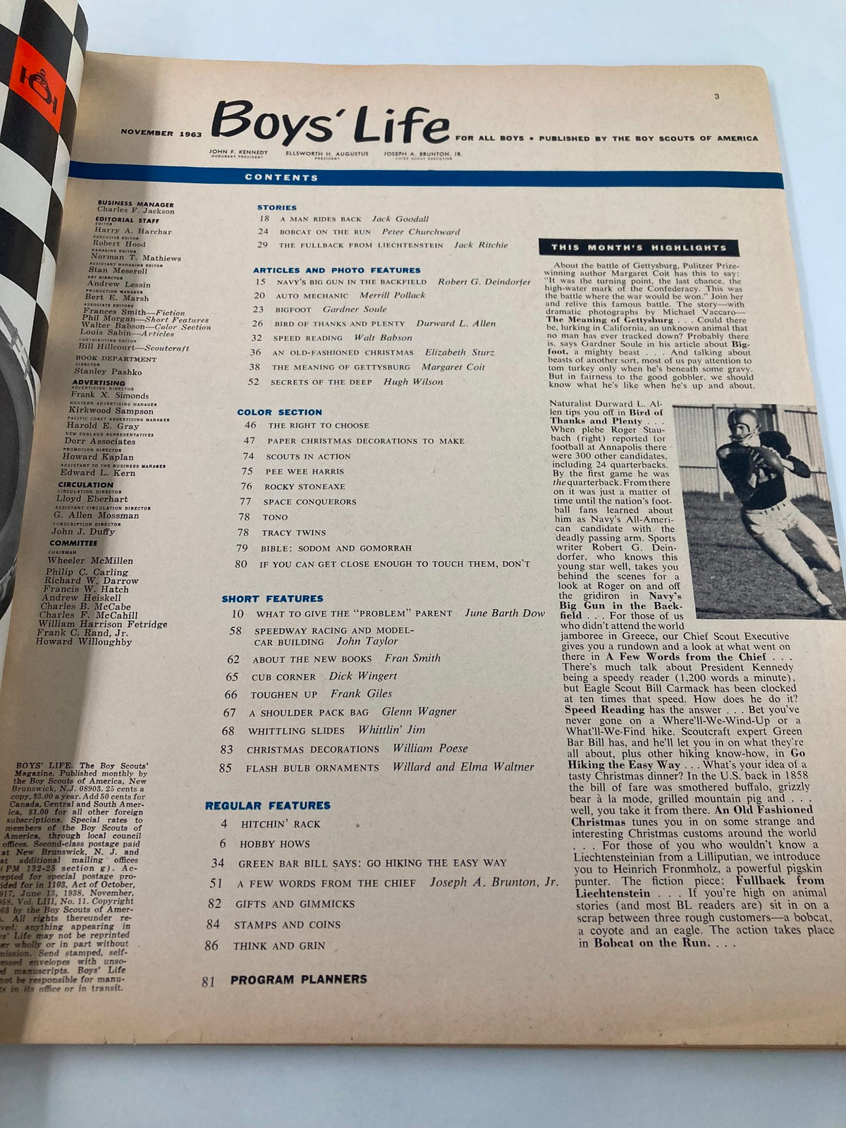 Interior page of the November 1963 Boys' Life Magazine, displaying the table of contents and highlights, offering a glimpse into the articles and features of that issue, including Roger Staubach.