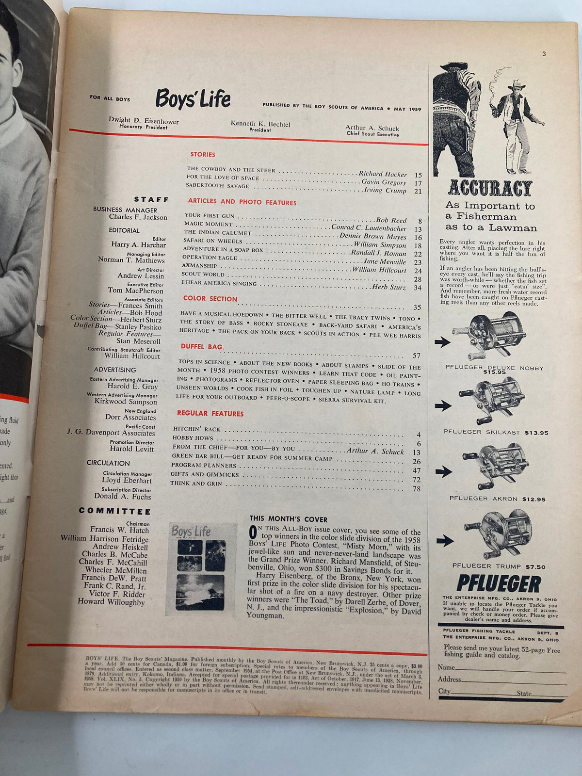 Interior page of VTG Boys' Life Magazine May 1959 displaying the table of contents and features including articles and photo contests.