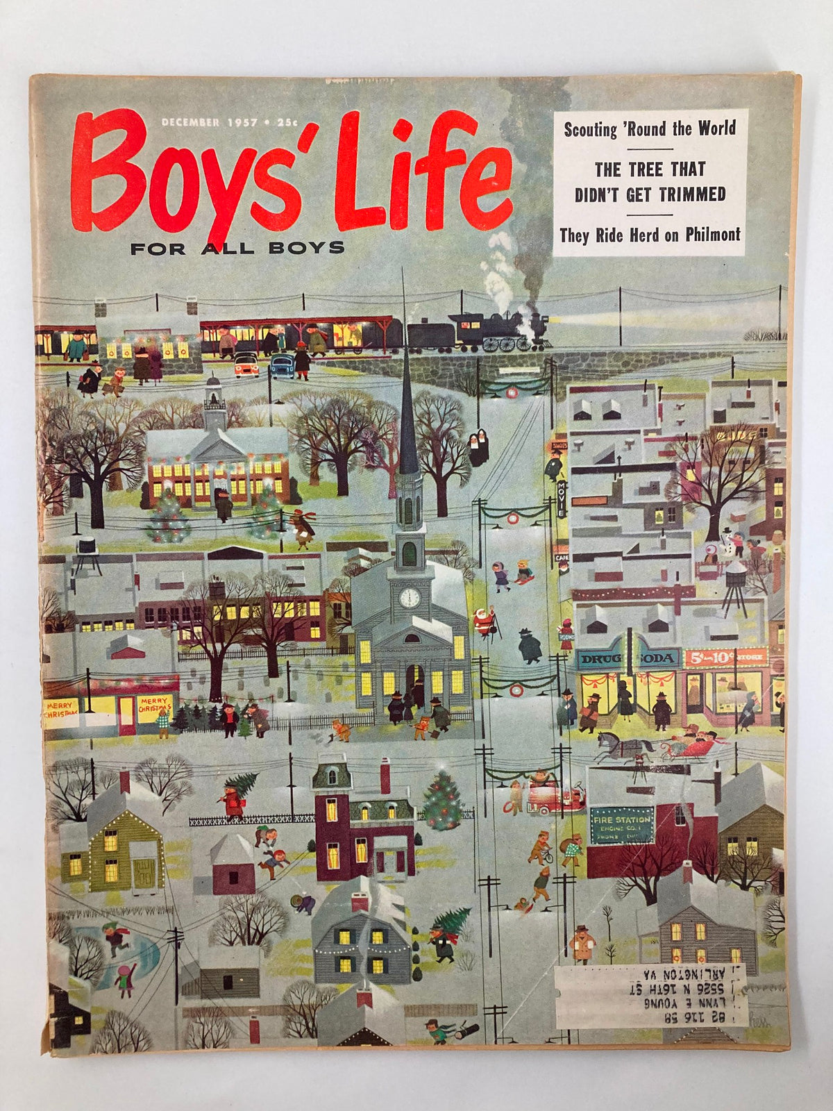 Cover of the December 1957 issue of Boys' Life Magazine featuring the title 'The Tree That Didn't Get Trimmed'. The illustration shows a wintery village scene with holiday celebrations and activities.
