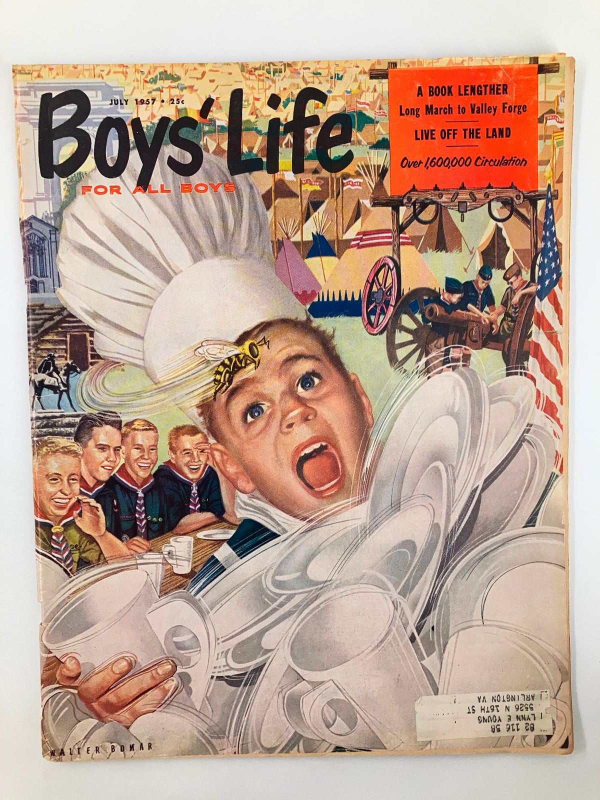 Cover of VTG Boys' Life Magazine from July 1957 featuring the article A Book Lengthier Long March to Valley Forge, showcasing a chef and various vintage imagery.