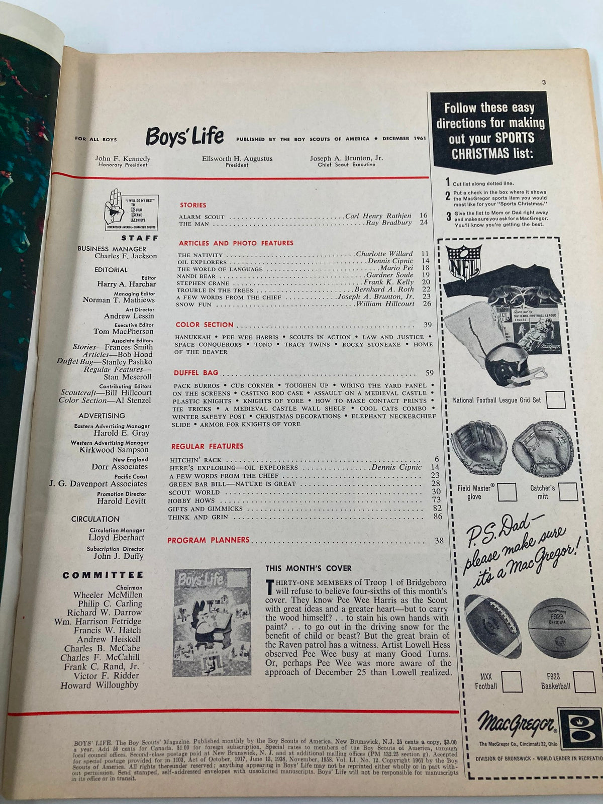 Inside page of VTG Boys' Life Magazine December 1961 featuring articles list and holiday-themed content, showcasing the magazine's nostalgic value and connection to Christmas.