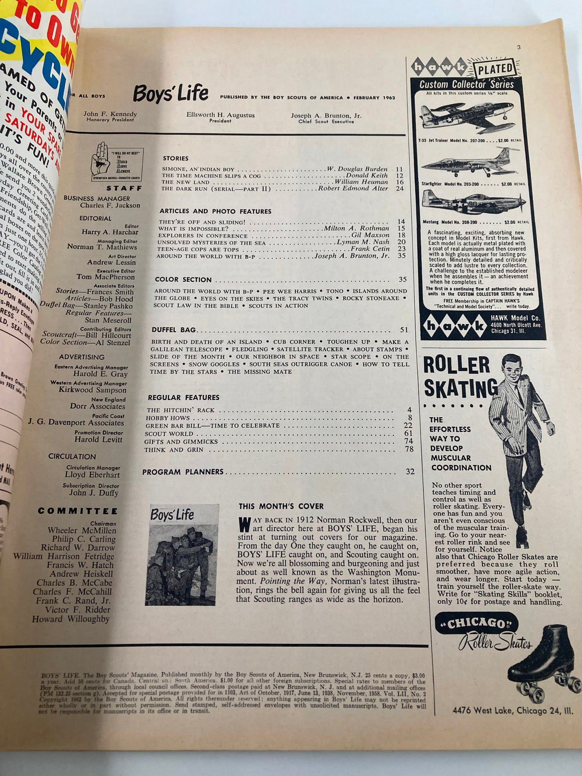 Inside page of VTG Boys' Life Magazine February 1962 displaying editorial staff and article list, emphasizing its publication by the Boy Scouts of America.