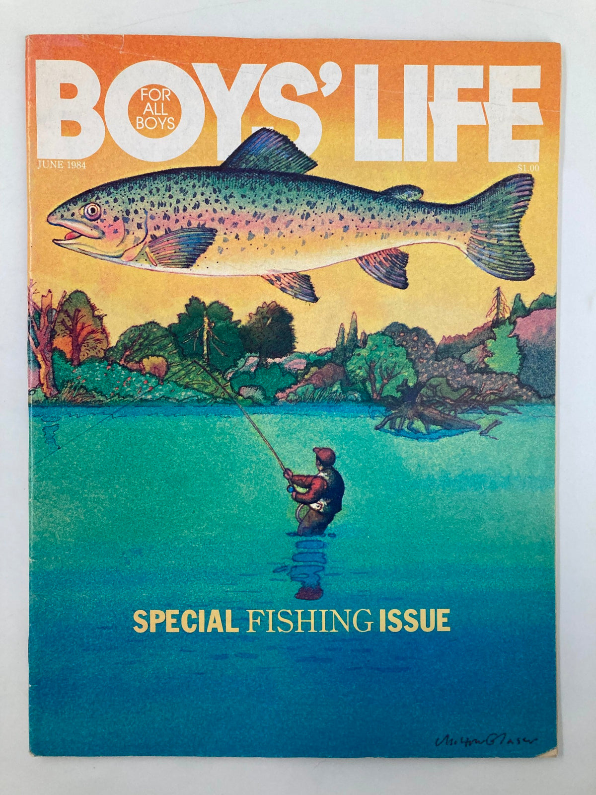 Cover of VTG Boys' Life Magazine from June 1984, featuring a colorful illustration of a fisherman casting a line in a scenic outdoor setting, titled 'Special Fishing Issue'.