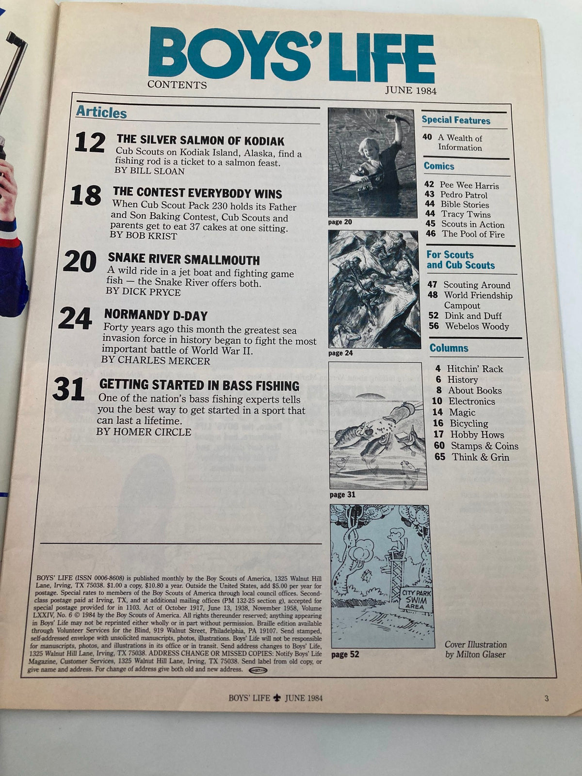 Contents page of the VTG Boys' Life Magazine June 1984 featuring articles such as 'The Silver Salmon of Kodiak,' outdoor adventures, and various features for scouts.