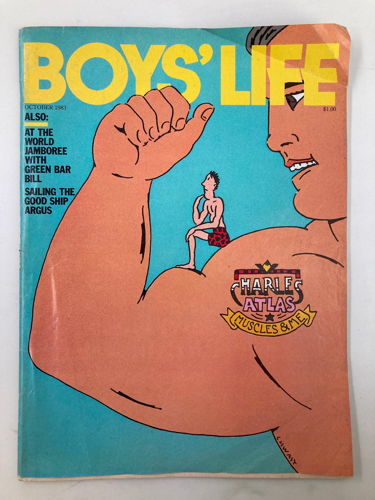 Boys' Life Magazine cover from October 1983 featuring an illustration of a muscular man flexing his arm with the title 'Sailing the Good Ship Argus'. The cover displays vibrant colors and key text highlights, reflecting vintage magazine aesthetics.