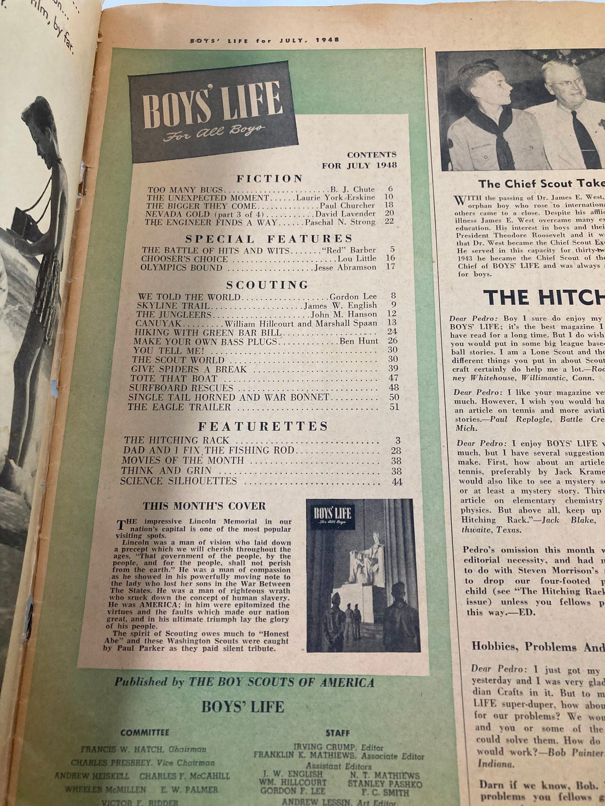 Interior page of the July 1948 VTG Boys' Life Magazine detailing the contents, showcasing features, and spotlighting the Lincoln Memorial as the cover story.
