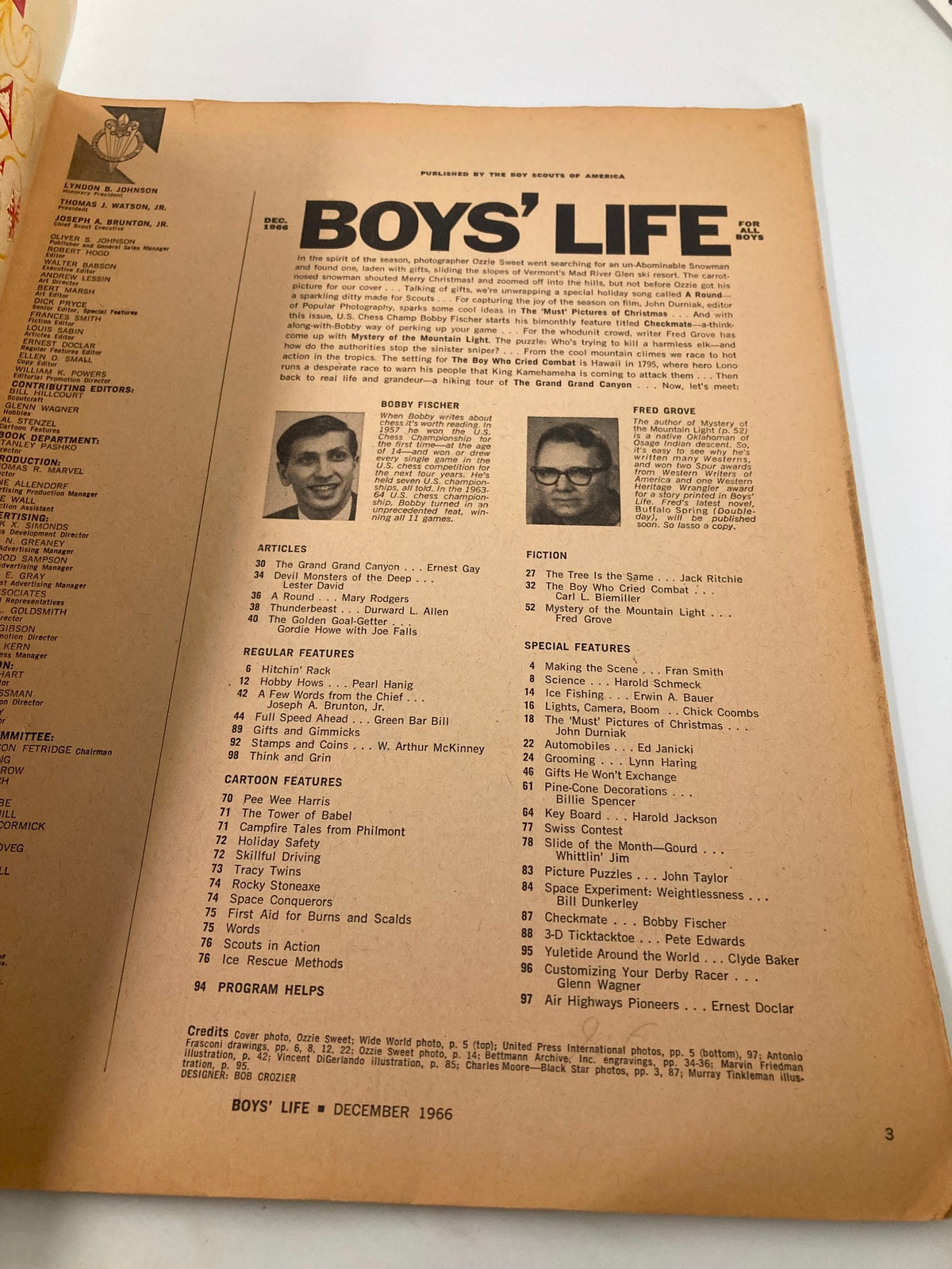 Inside page of Boys' Life Magazine December 1966 displaying table of contents including articles and features related to youth culture and sports.