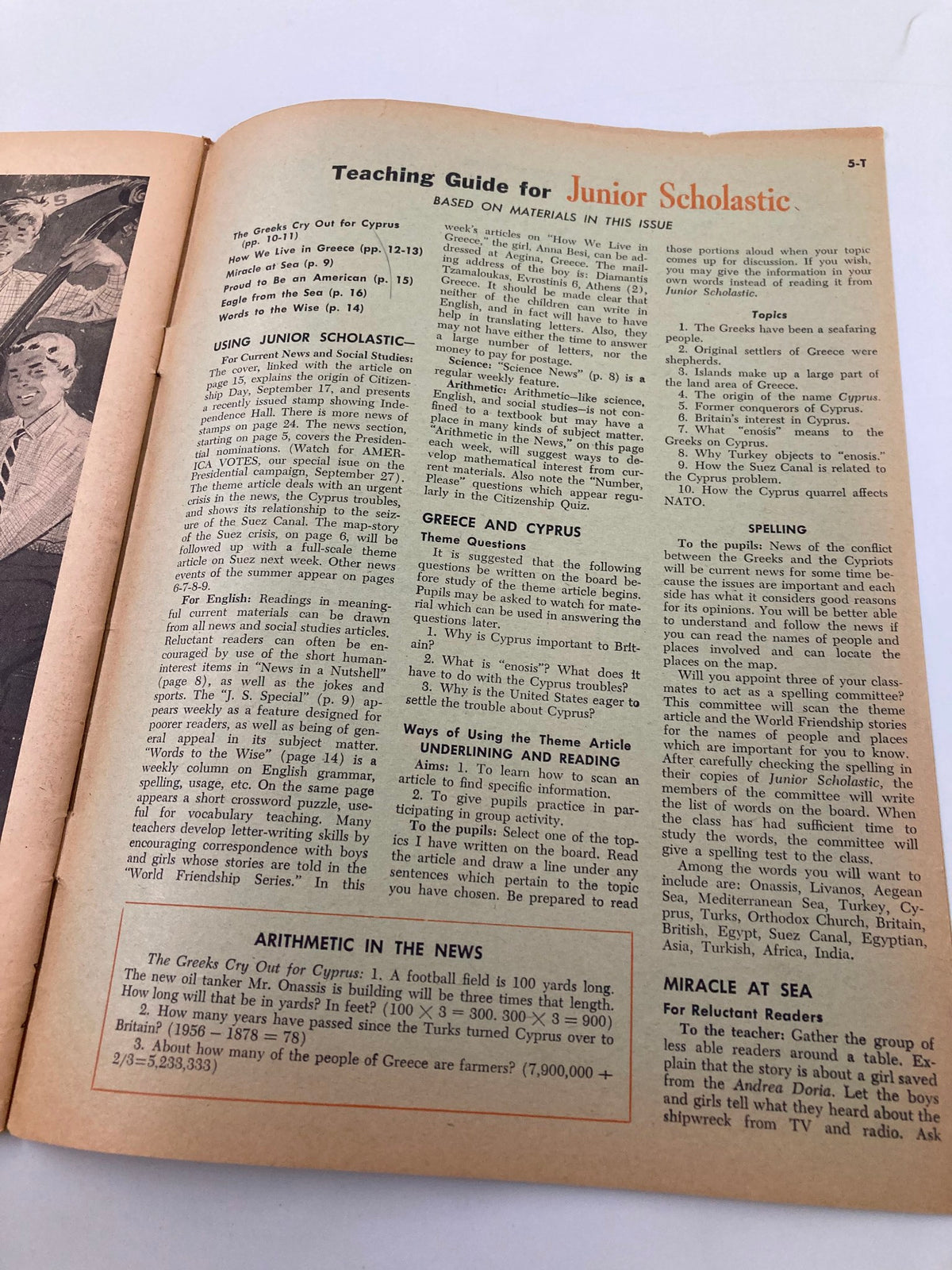 Teaching guide section of VTG Junior Scholastic Magazine September 13 1956, showcasing the teaching materials related to the articles including 'The Greeks Cry Out for Cyprus'.