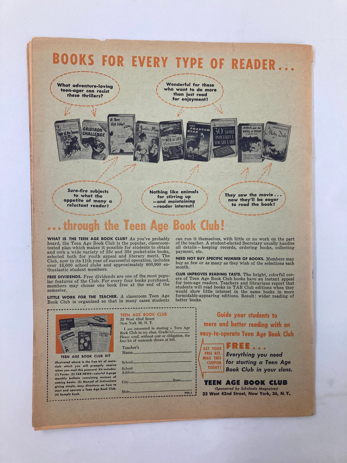 Back cover of VTG Junior Scholastic Magazine from September 13, 1956, promoting the Teen Age Book Club with illustrations of various book titles and details about encouraging reading among young readers.
