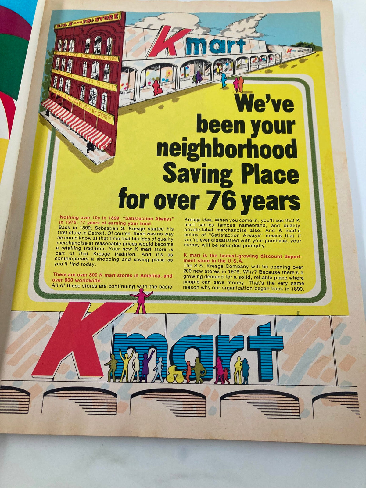Advertisement page from the Vintage The Washington Post Magazine July 4 1976, featuring Kmart and its long-standing legacy in retail, with colorful graphics.