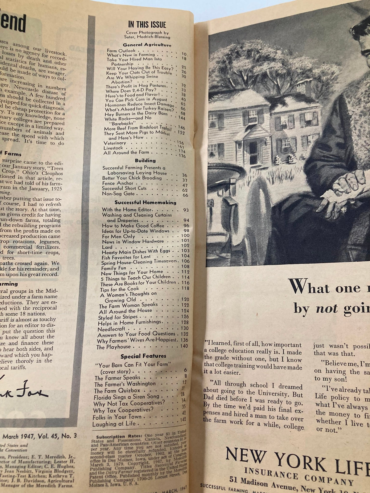 Table of contents from the VTG Successful Farming Magazine March 1947, highlighting articles on farming and rural life.
