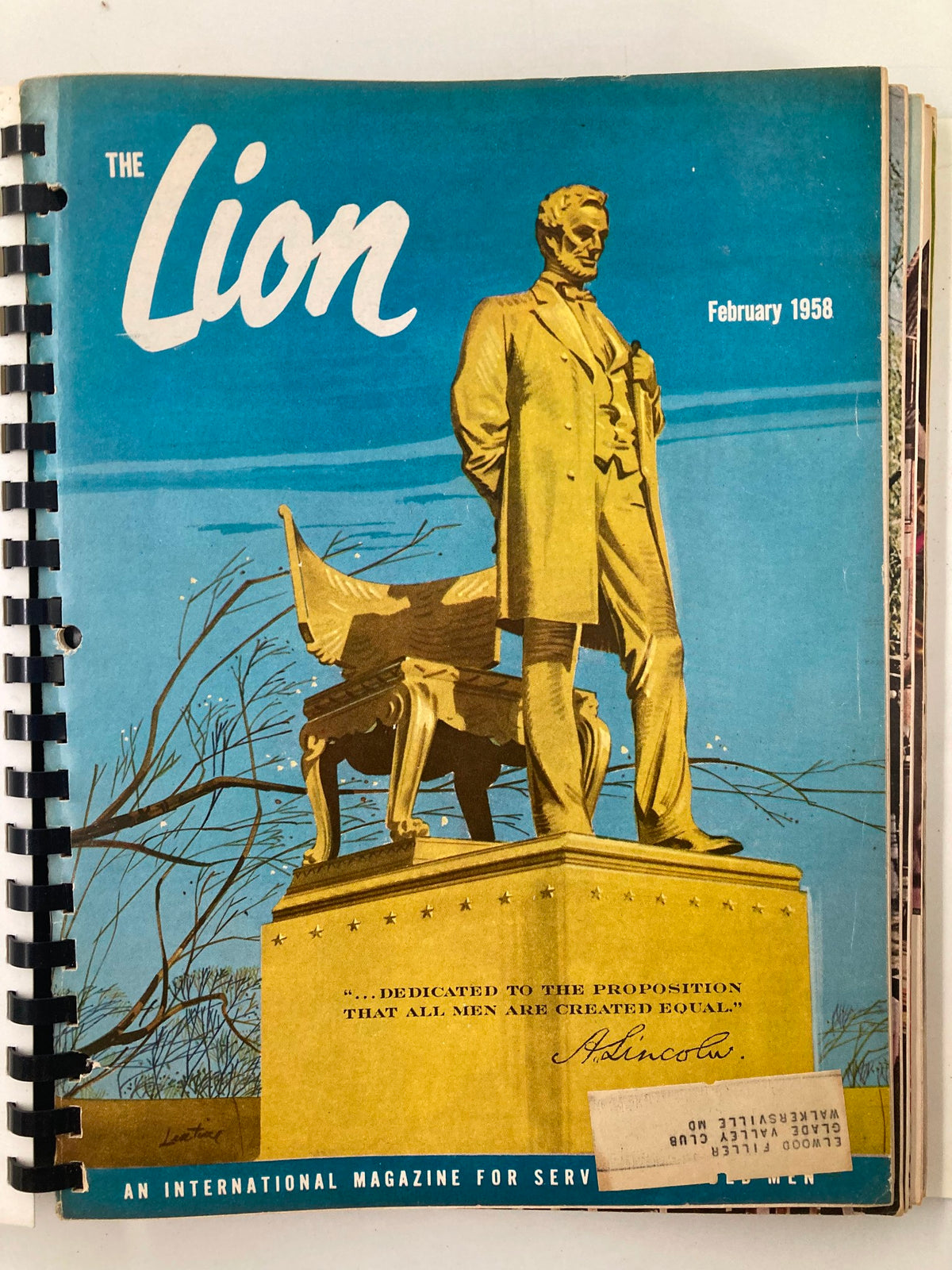 Cover of the February 1958 issue of The Lion Magazine featuring a statue inspired by Abraham Lincoln, showcasing vintage artwork and vibrant colors, ideal for collectors.