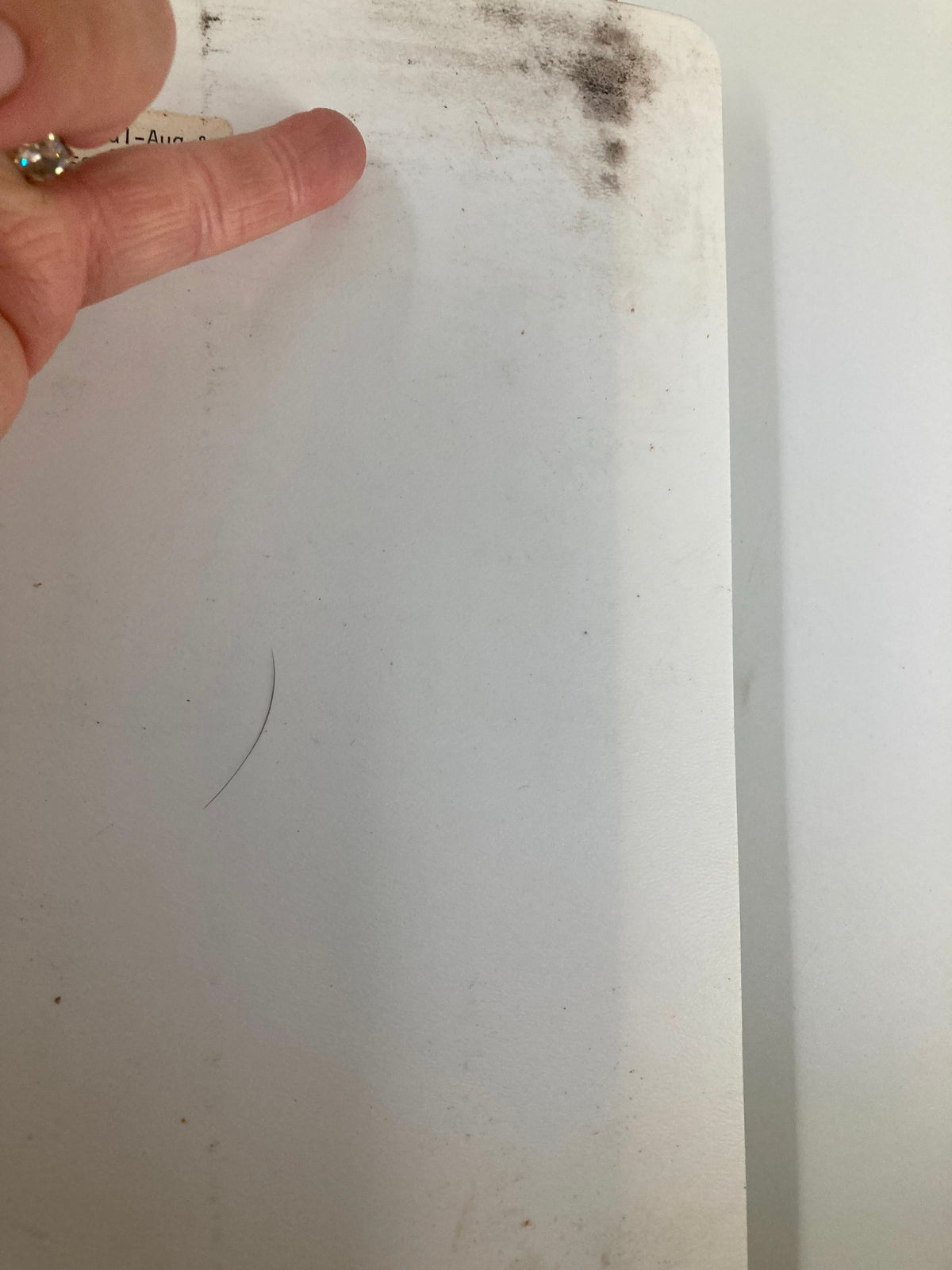 Additional view of the back cover of The Lion magazine, showing some wear and tear with a finger pointing at a mark on the surface.