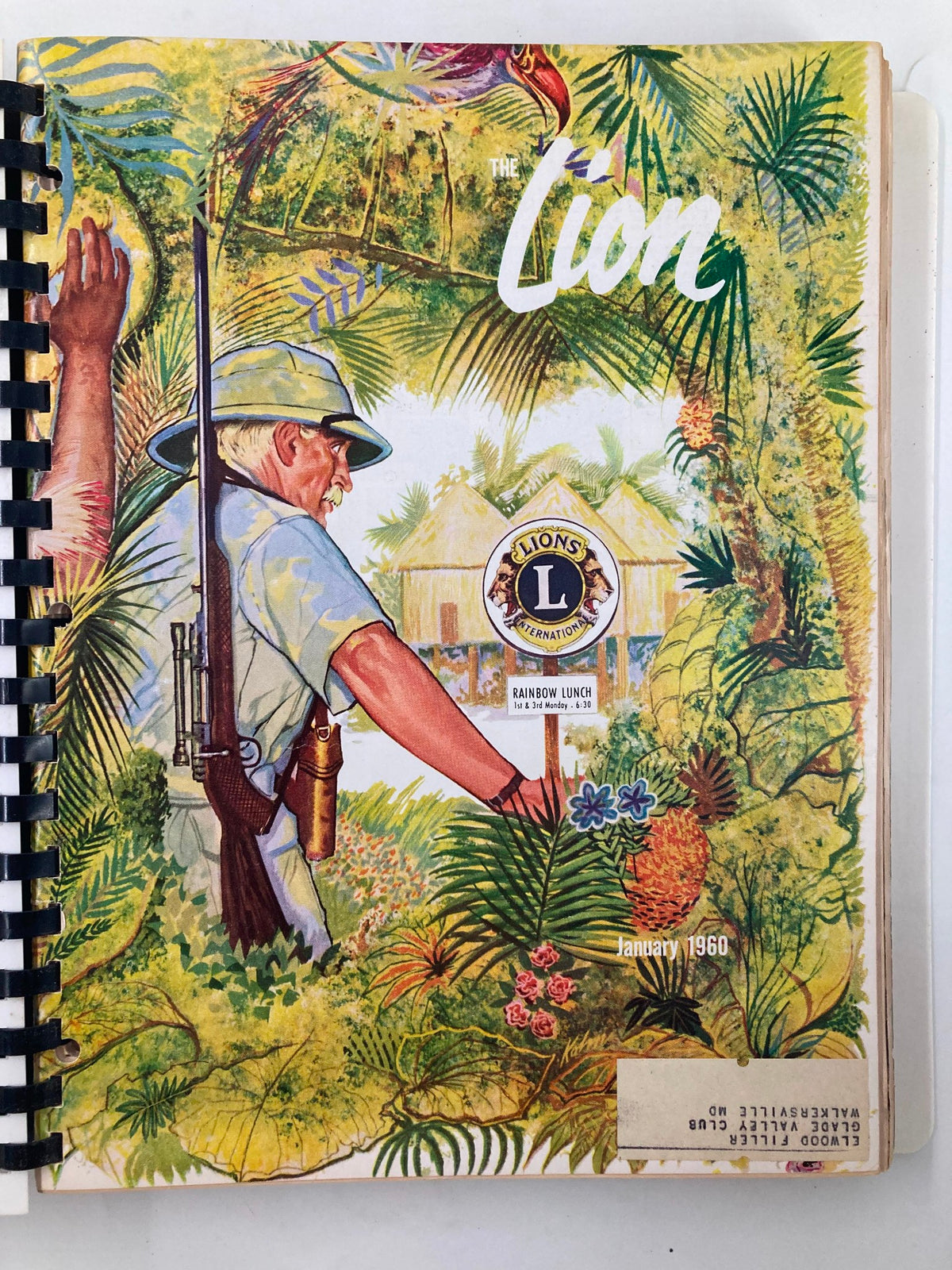 Cover of the January 1960 issue of The Lion Magazine, featuring a vibrant illustration of a man in a jungle landscape, holding a rifle among tropical foliage. This image represents the full year compilation of The Lion Magazine.