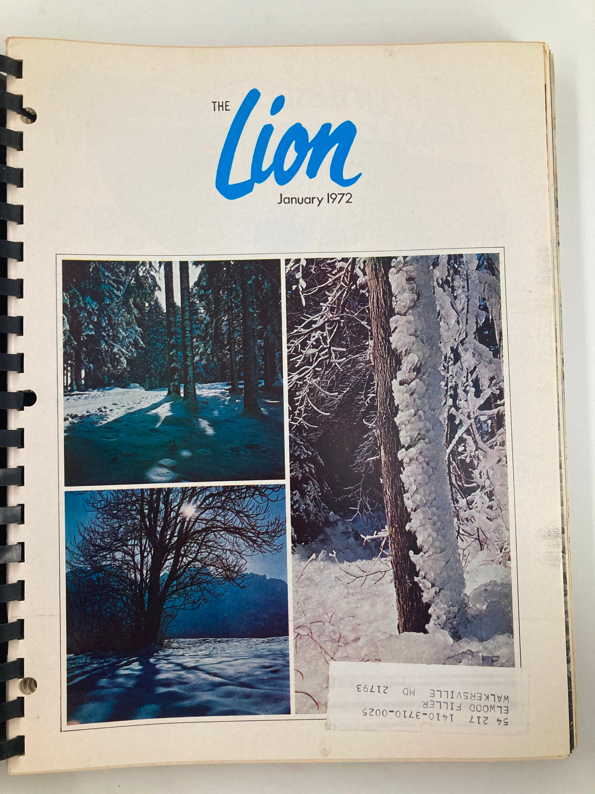 Cover of January 1972 issue of The Lion Magazine featuring snowy landscapes and trees, part of the 1972 January-December The Lion Magazine Full Year Hard Cover Compilation Issues.