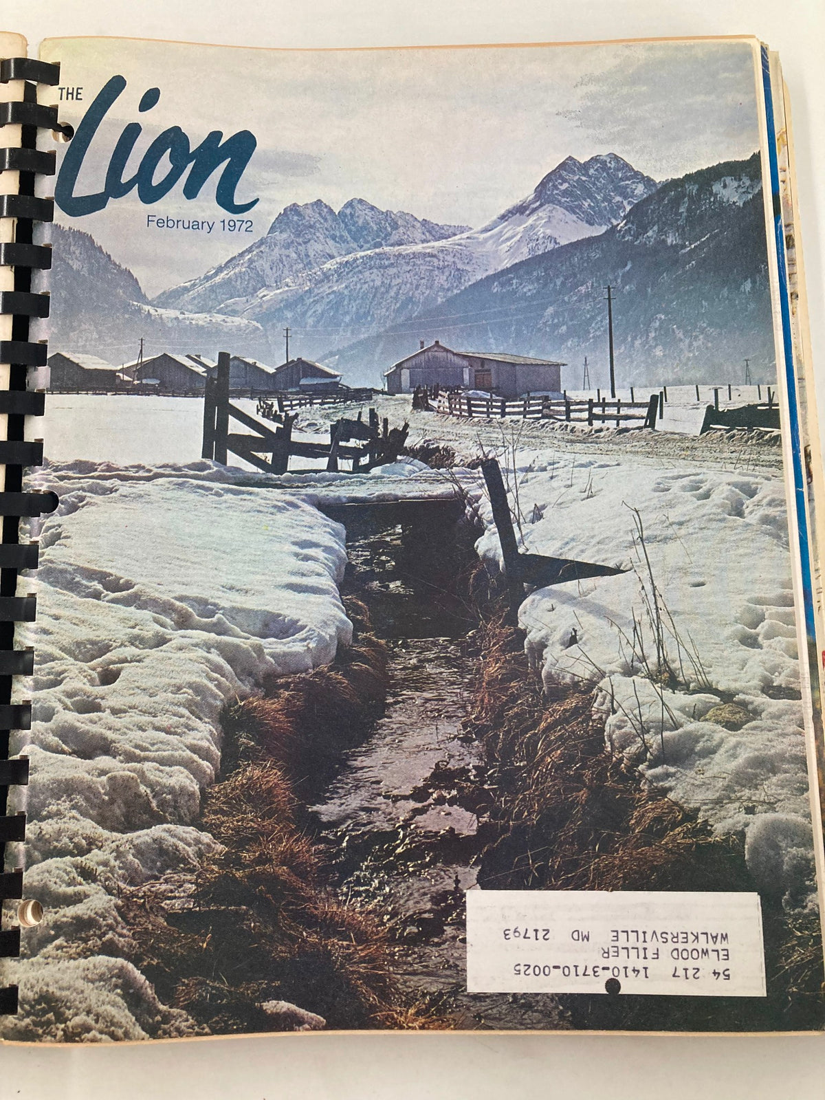 Cover of February 1972 issue of The Lion Magazine showcasing a snowy mountain landscape and a rural scene, part of the 1972 January-December The Lion Magazine Full Year Hard Cover Compilation Issues.