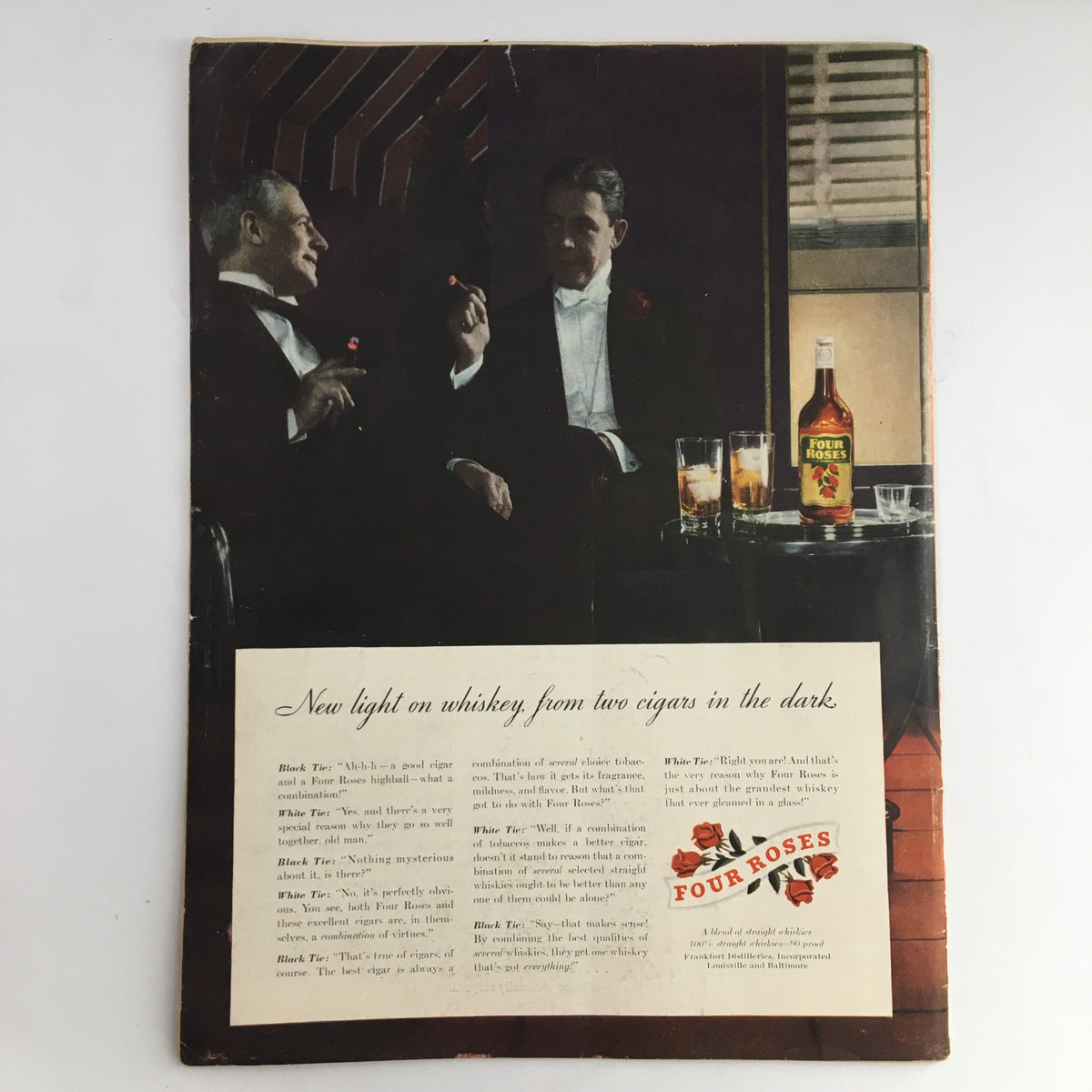 Image of the back cover of Newsweek Magazine from August 29 1938, featuring a vintage advertisement for Four Roses whiskey, showcasing two elegantly dressed men enjoying cigars with whiskey glasses on a table.
