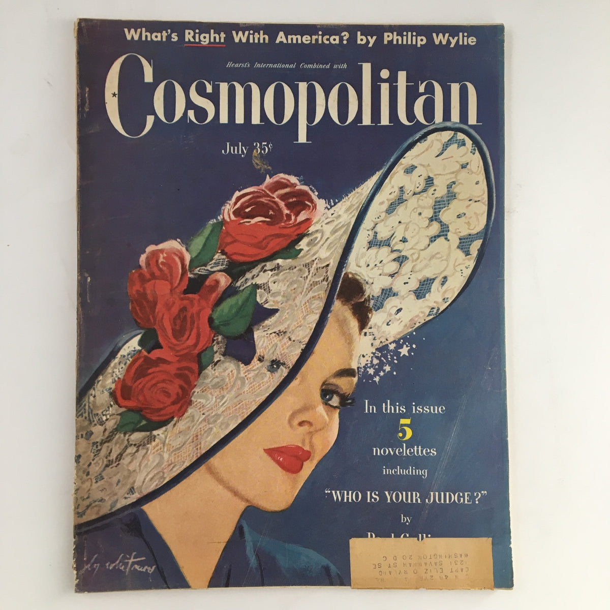 Cover of Cosmopolitan Magazine July 1948 featuring the article 'What's Right With America?' by Philip Wylie, showcasing vibrant colors and floral designs, a nostalgic representation of post-war American culture.