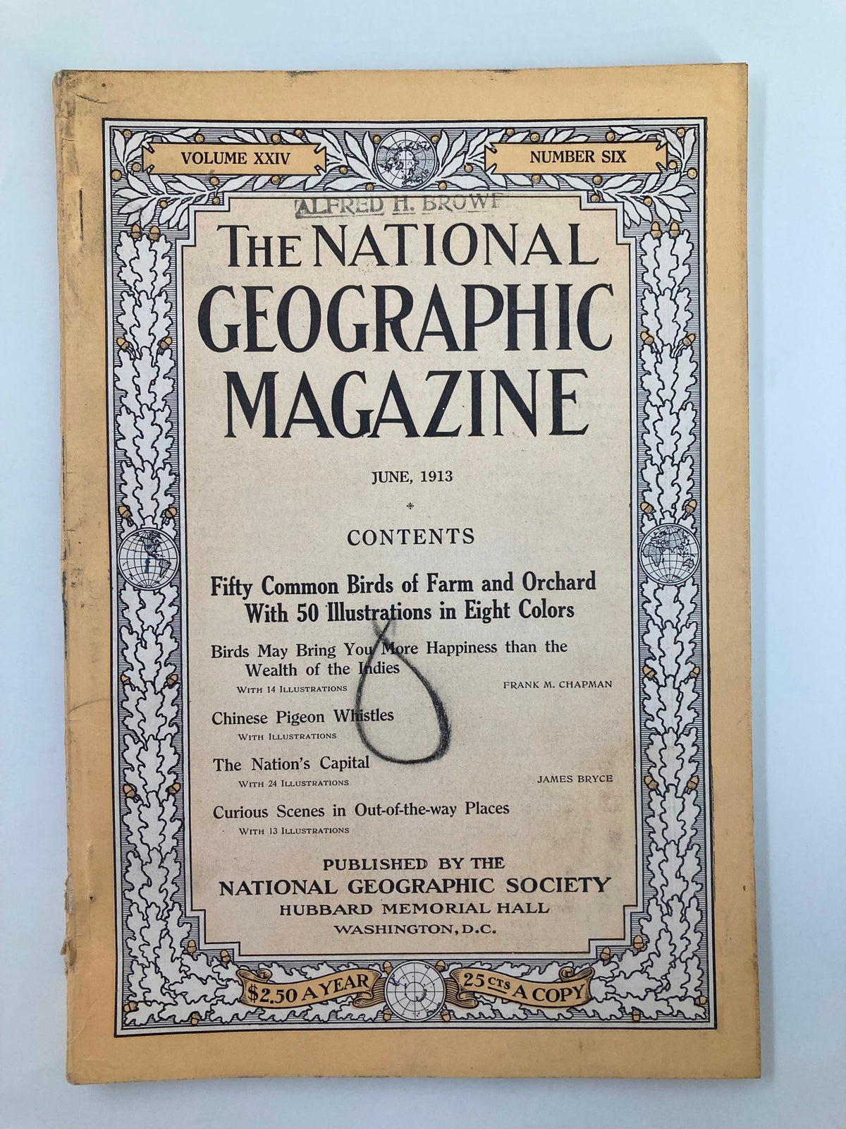 Cover page of the vintage National Geographic Magazine from June 1913, featuring the title "The National Geographic Magazine", and contents highlighting "Fifty Common Birds of Farm and Orchard" with 50 illustrations in eight colors.