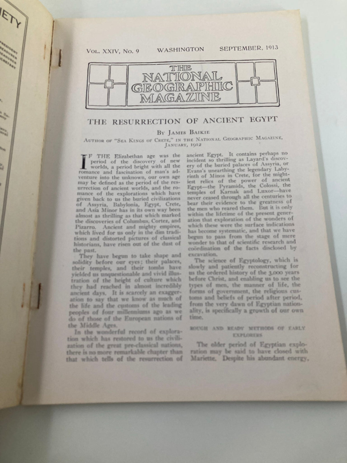 Interior page of The National Geographic Magazine, September 1913, featuring the article 'The Resurrection of Ancient Egypt'.