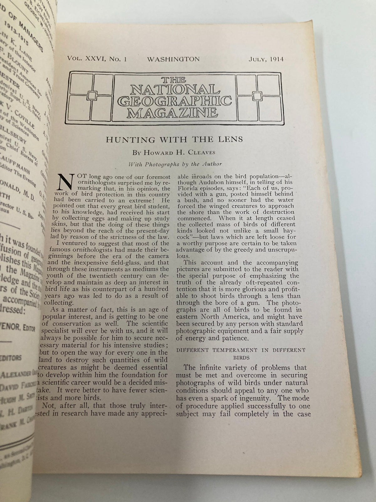 Interior page of The National Geographic Magazine July 1914 featuring the article 'Hunting with the Lens' by Howard H. Cleaves.
