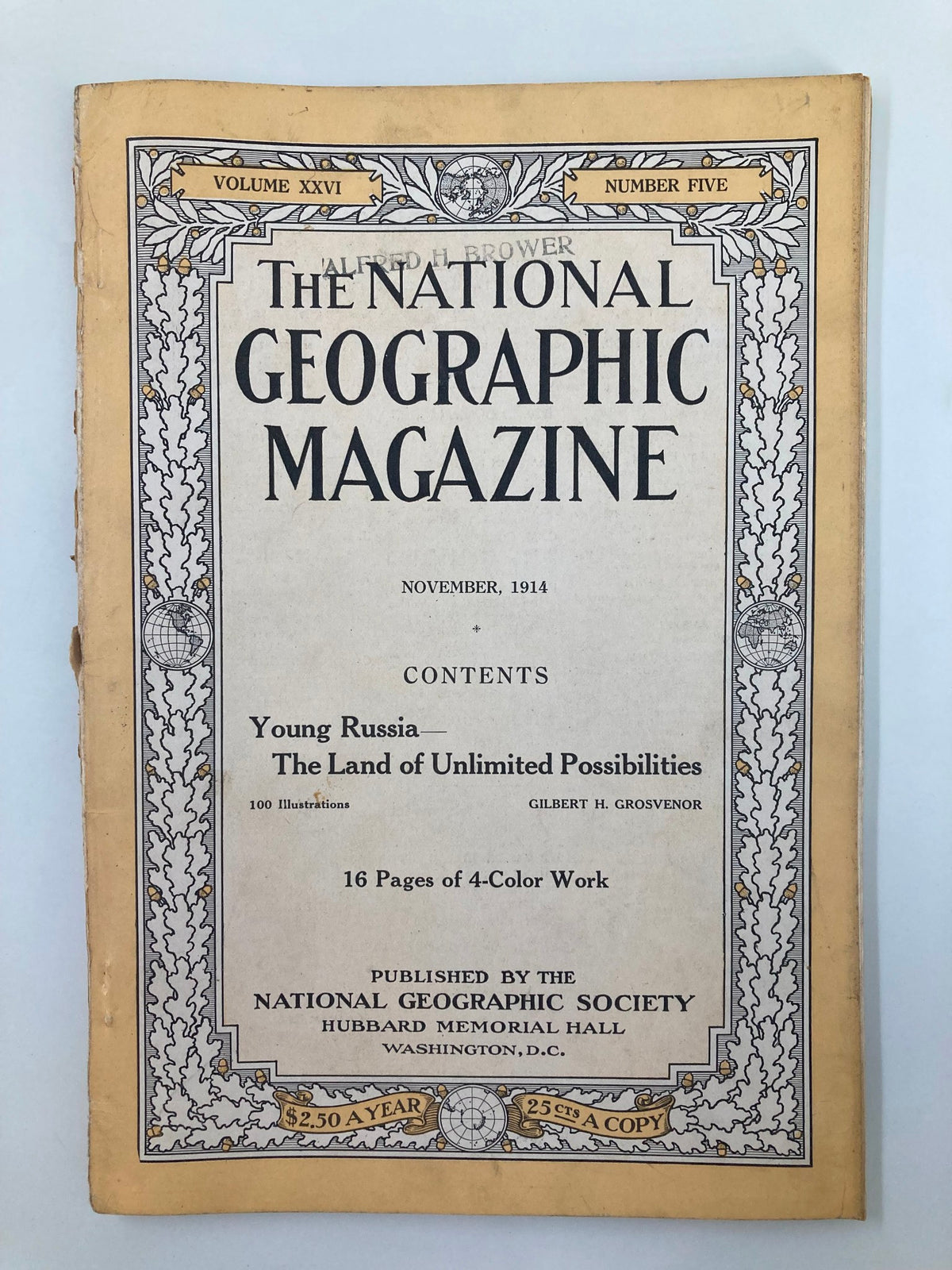 Cover of the National Geographic Magazine from November 1914, titled 'The Land of Young Russia,' featuring a decorative border and contents listing.