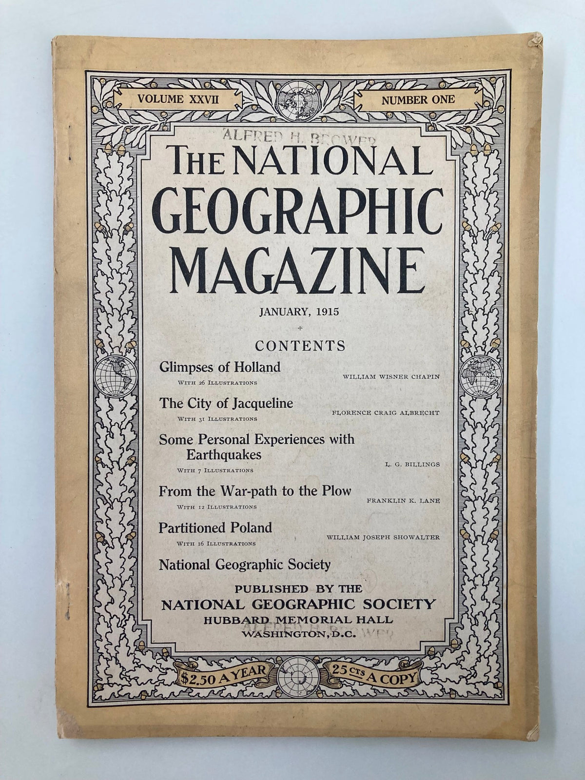 Cover of the National Geographic Magazine from January 1915, featuring the title 'From War-Path to the Plow' and a list of contents including 'Glimpses of Holland' and 'The City of Jacqueline'.
