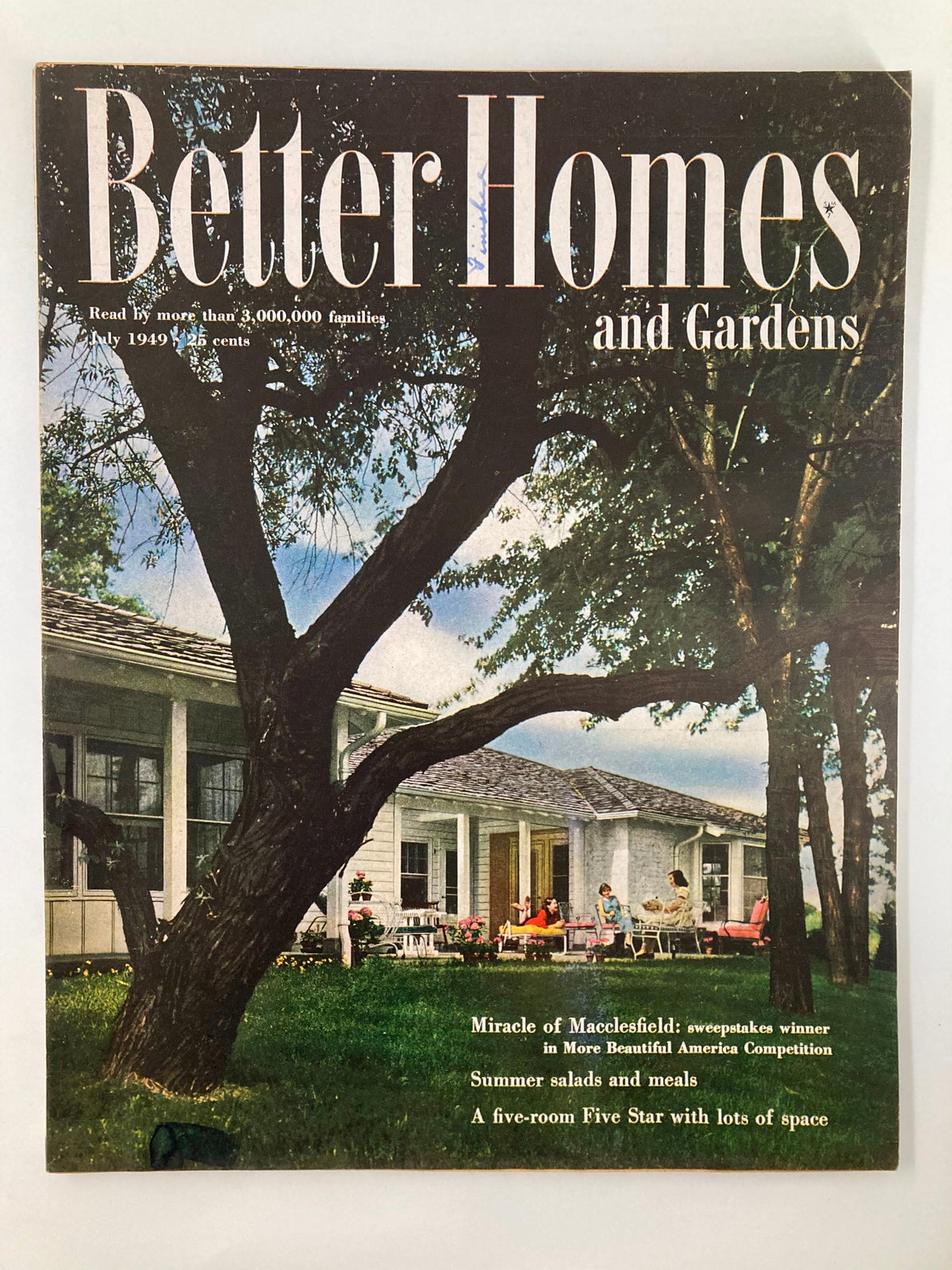 Cover of VTG Better Homes & Gardens Magazine July 1949 featuring the theme 'Miracle of Macclesfield'. The cover illustration showcases a classic mid-century American home with an outdoor setting, emphasizing summer living and gardening.