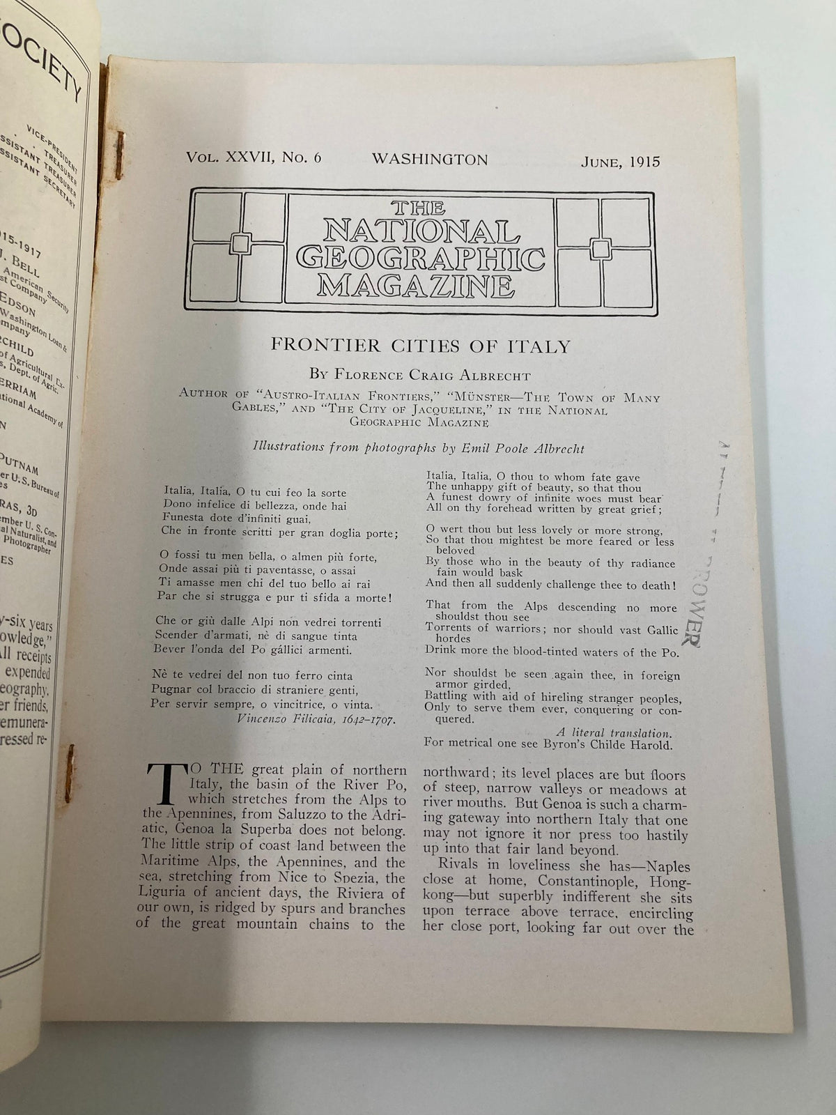 Cover page of the June 1915 issue of The National Geographic Magazine featuring a detailed article titled 'Frontier Cities of Italy' by Florence Craig Albrecht, showcasing historical insights and illustrations.