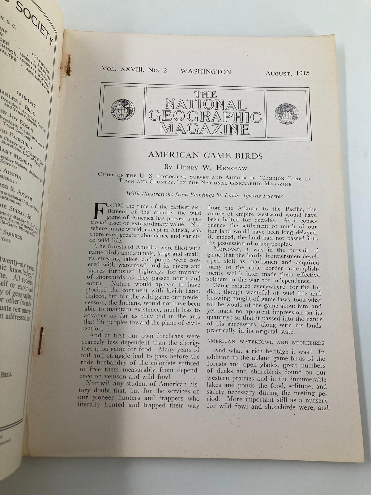 Inside page of the August 1915 National Geographic Magazine detailing 'American Game Birds' by Henry W. Henshaw, showcasing early 20th-century text and illustrations.
