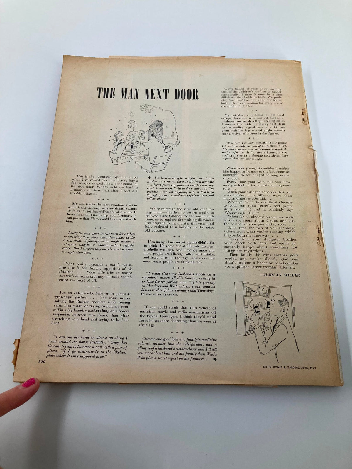 Interior page of VTG Better Homes & Gardens Magazine July 1949 titled 'The Man Next Door,' providing insight into family and home life discussions of the late 1940s.