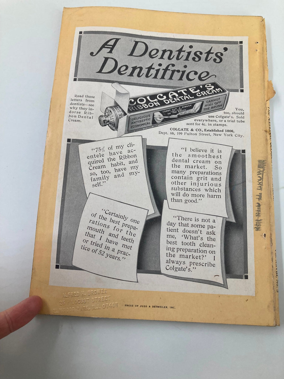 Back cover of VTG The National Geographic Magazine November 1915 featuring an advertisement for Dentifrice, demonstrating vintage marketing style.