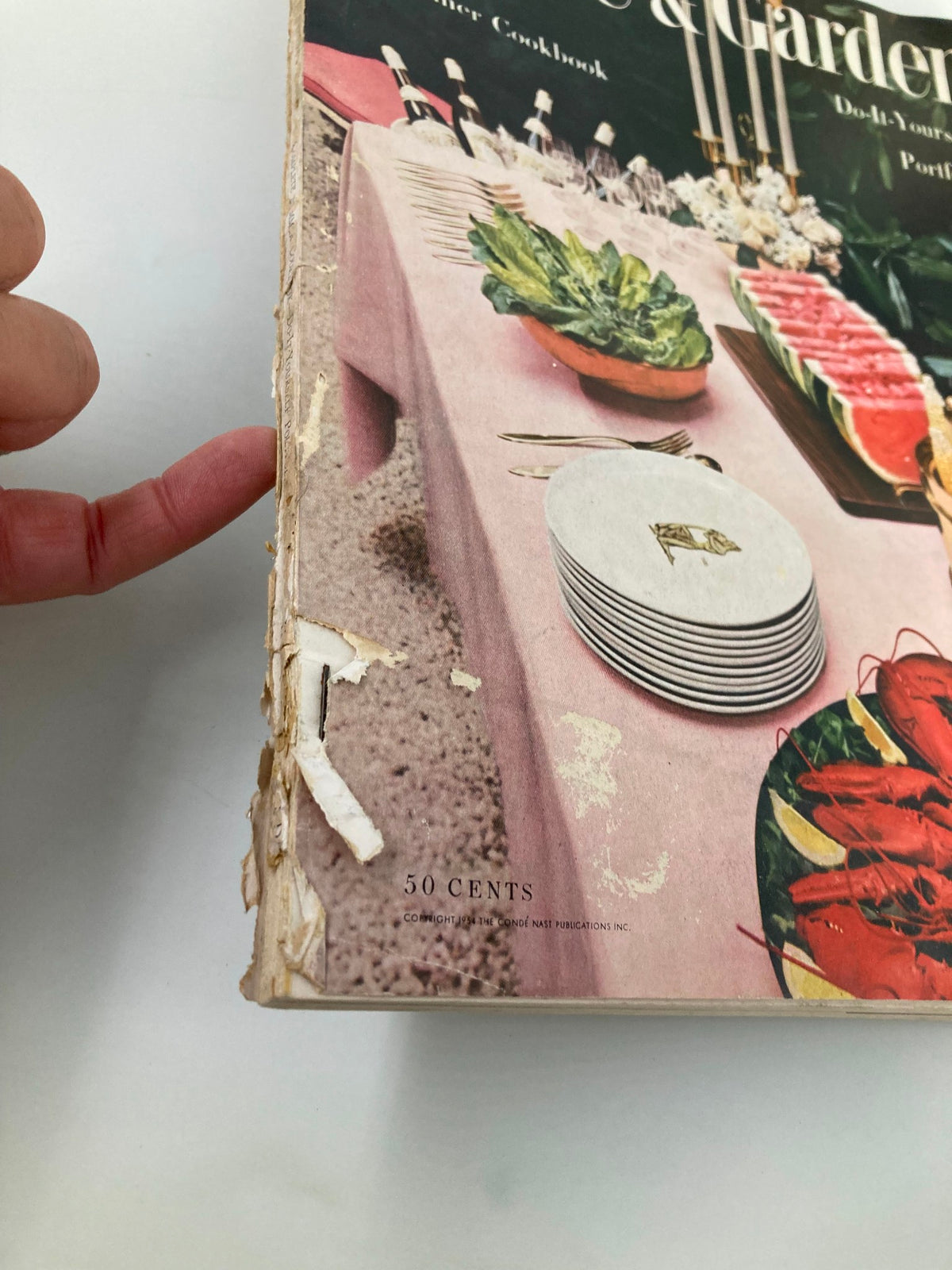 Side view of the VTG House & Garden Magazine June 1954, highlighting its worn binding, indicative of vintage charm, with the Do-It-Yourself Portfolio depicted on the front cover.