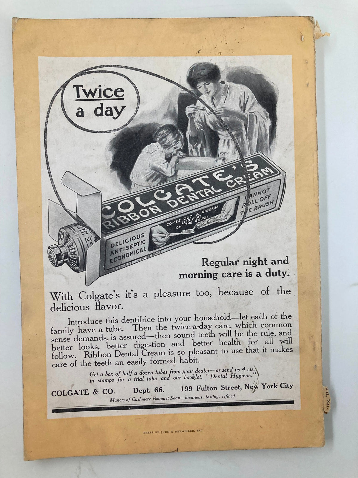 Vintage advertisement page in VTG The National Geographic Magazine February 1915 for Colgate's dental cream, illustrating early 20th-century promotions.