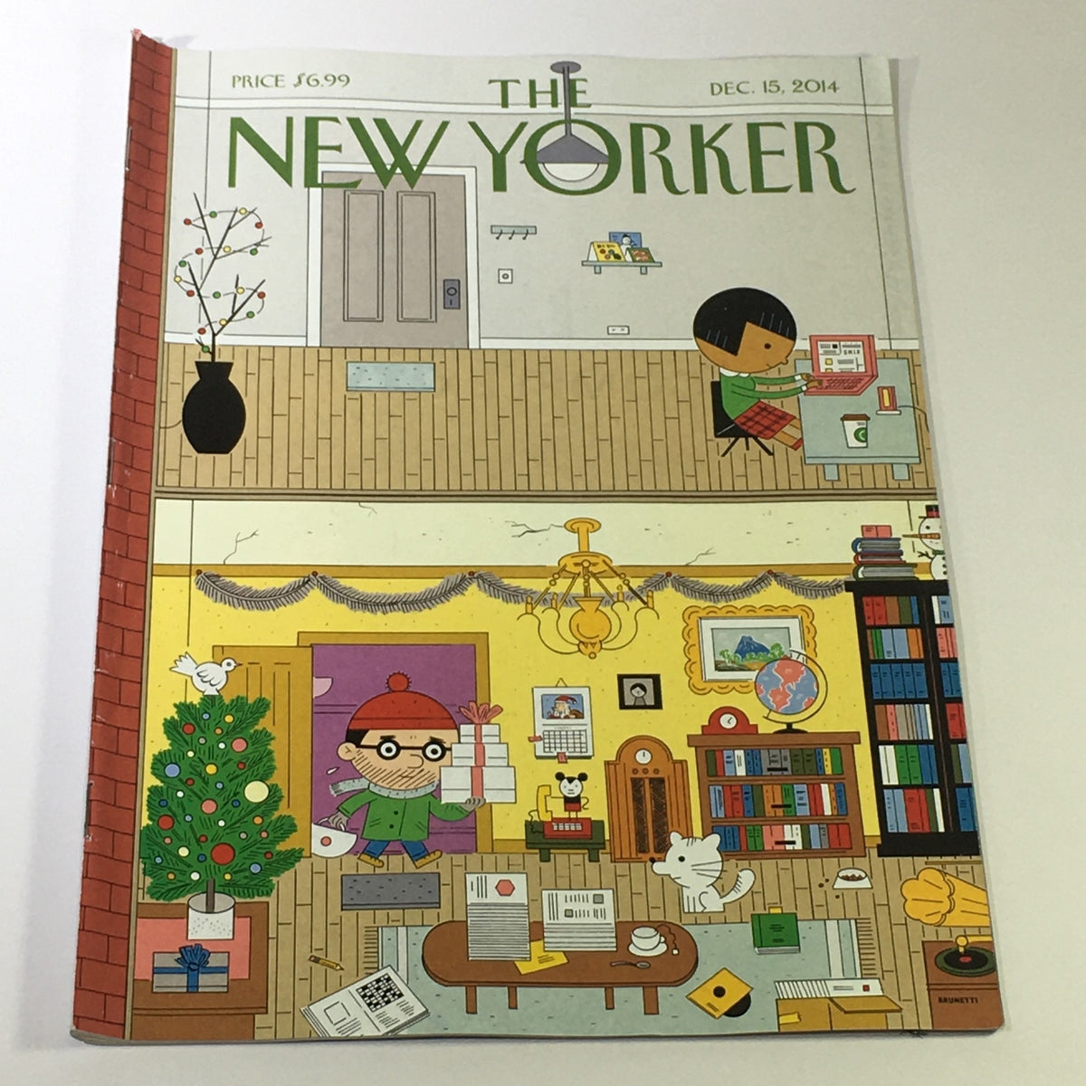 The New Yorker December 15 2014 cover illustration by Ivan Brunetti, showcasing an animated scene featuring a Christmas tree, bookshelves, and characters in a cozy indoor setting.